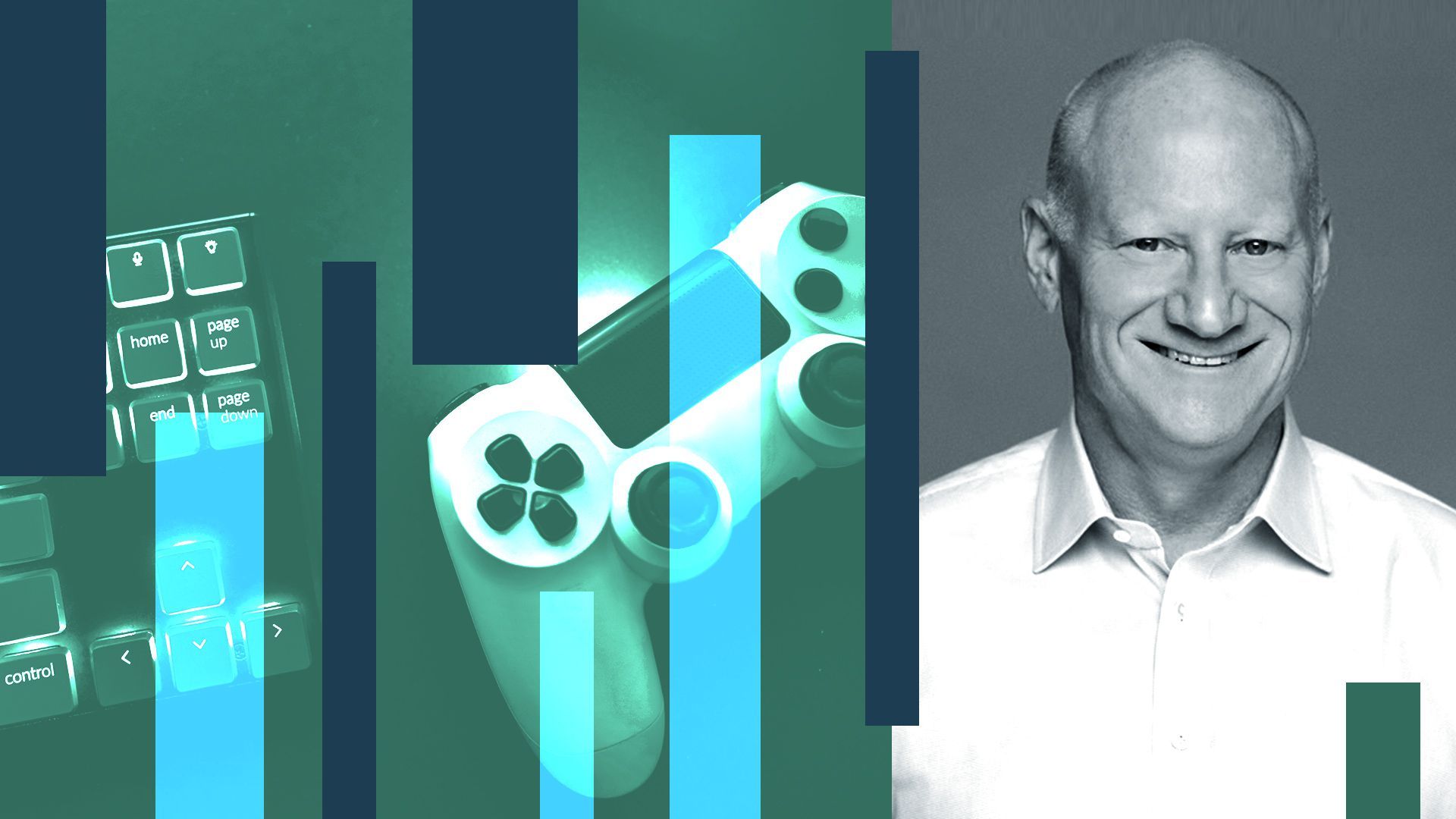 Photo illustration of Ben Feder with a game controller, computer keyboard and abstract shapes.