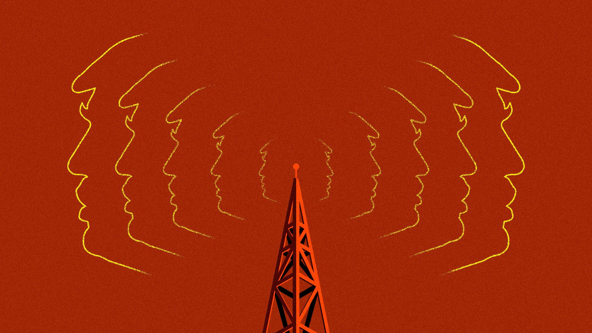 A radio tower emanating radio waves in the shape of Donald Trump's profile