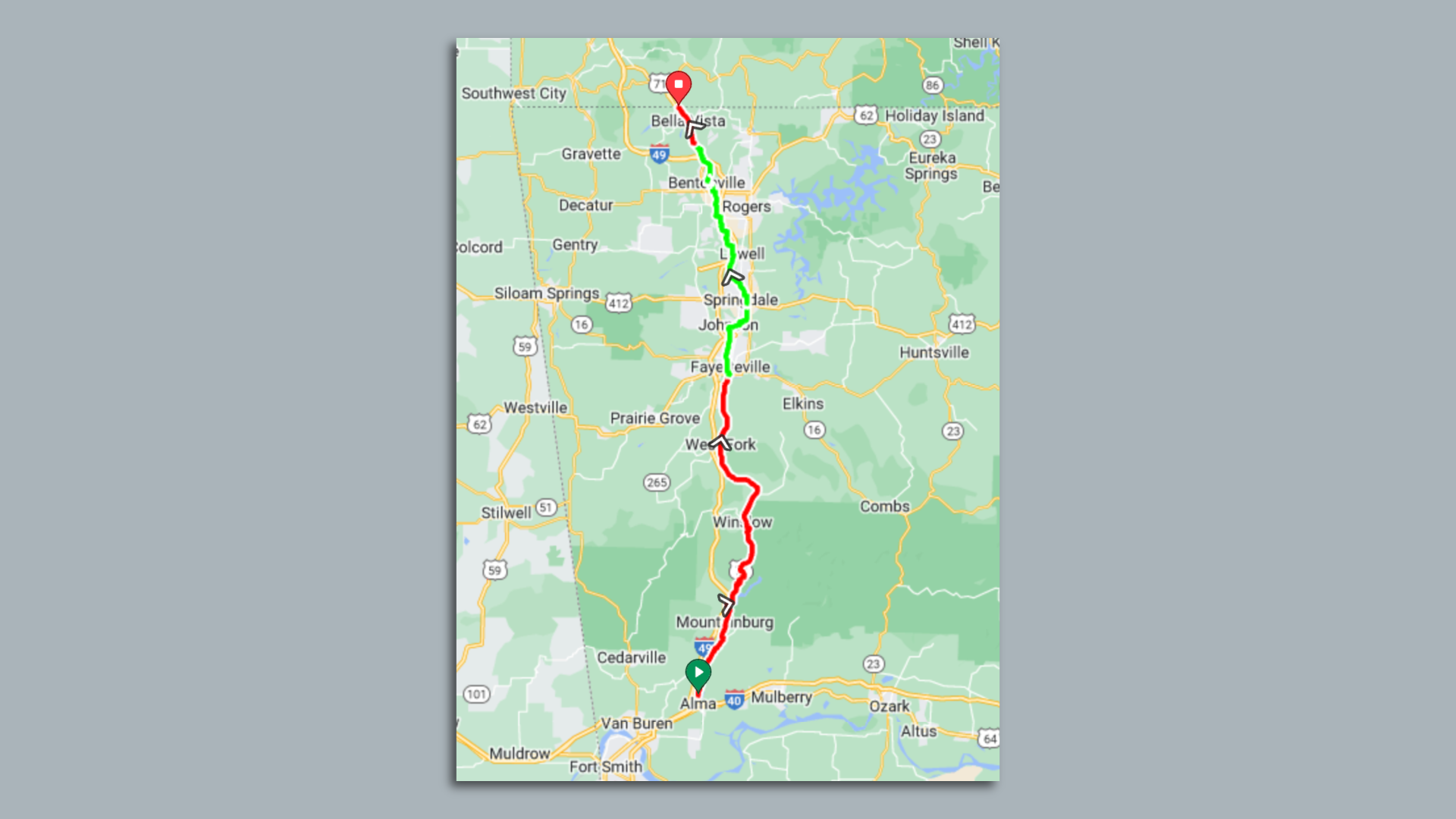 A map of Northwest Arkansas with a bike route plotted from the Missouri border to Alma. 