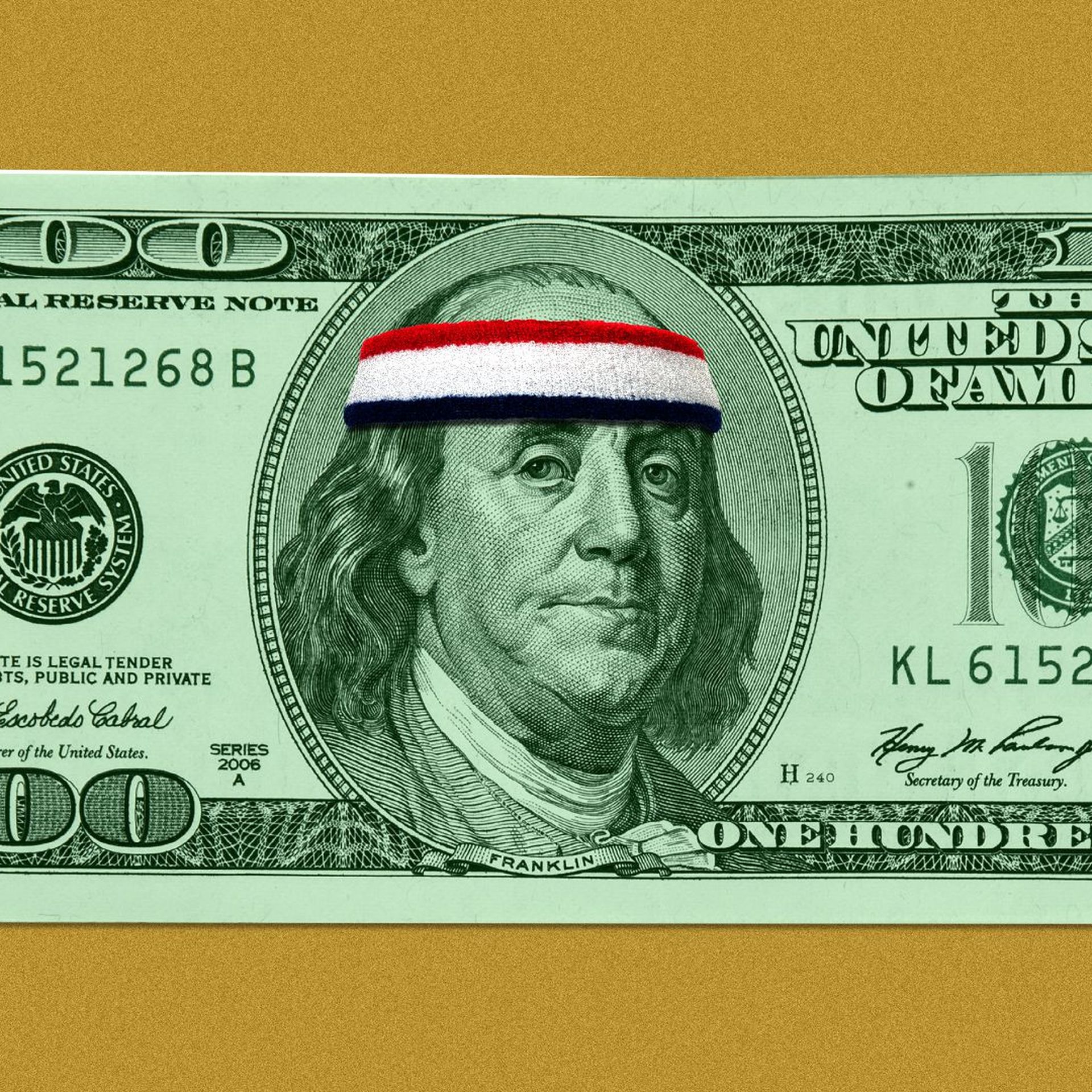 Illustration of Ben Franklin on $100 bill wearing a sweatband.