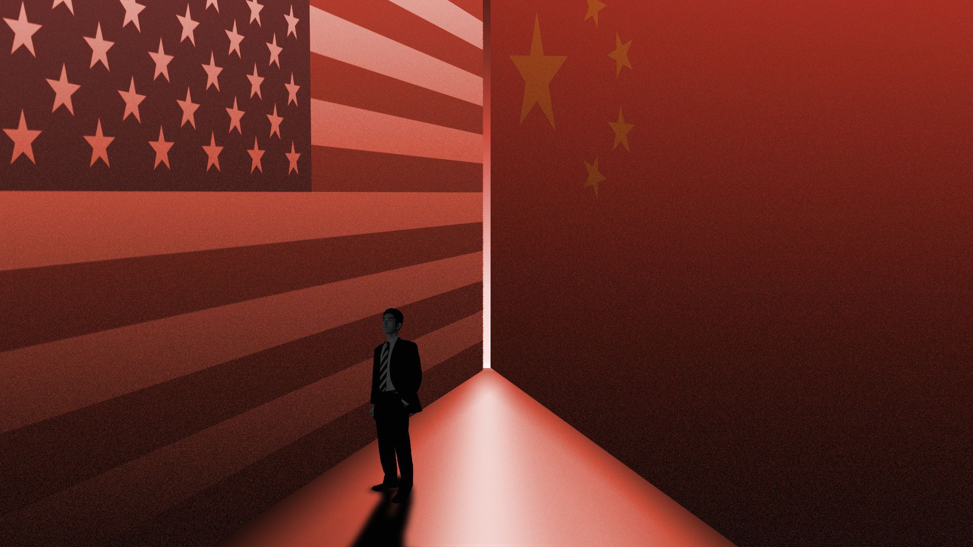 Illustration of a person standing between a US and Chinese flag. 