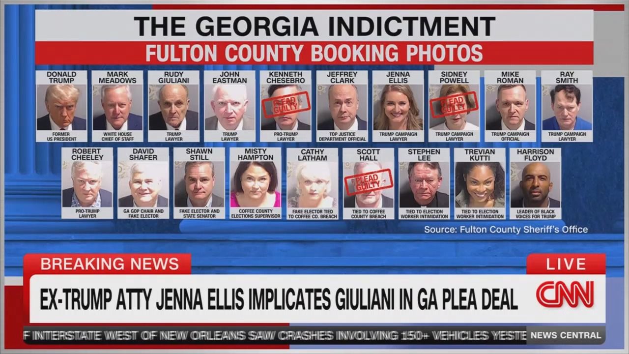 A graphic showing the booking photos of defendants in the Georgia election interference case.