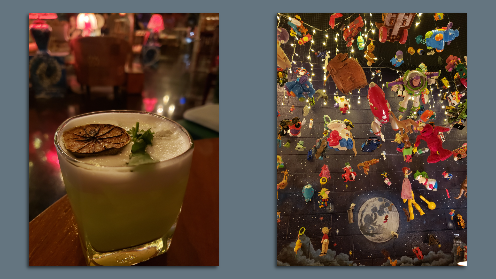 Cocktail and constellation of action figures. 