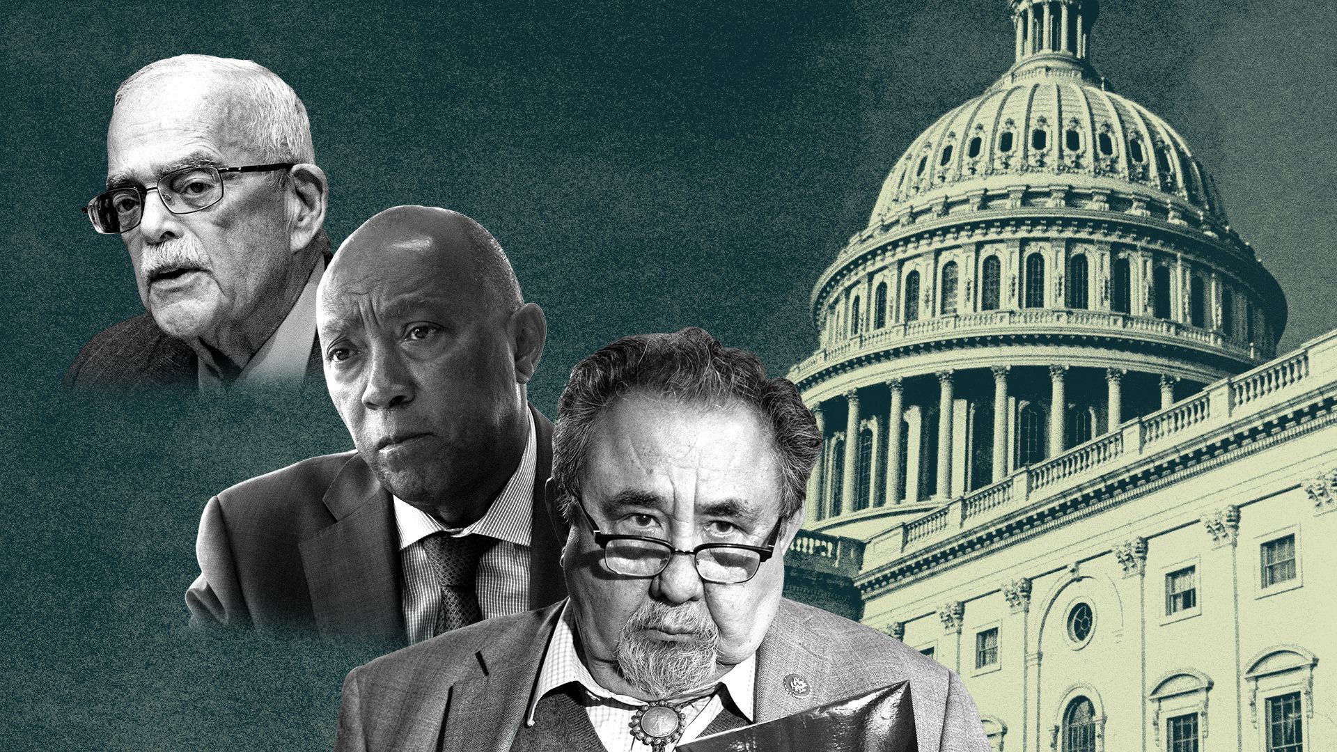 Photo illustration of Gerry Connolly, Sylvester Turner, and Raúl Grijalva next to a photo of the U.S. Capitol Dome.