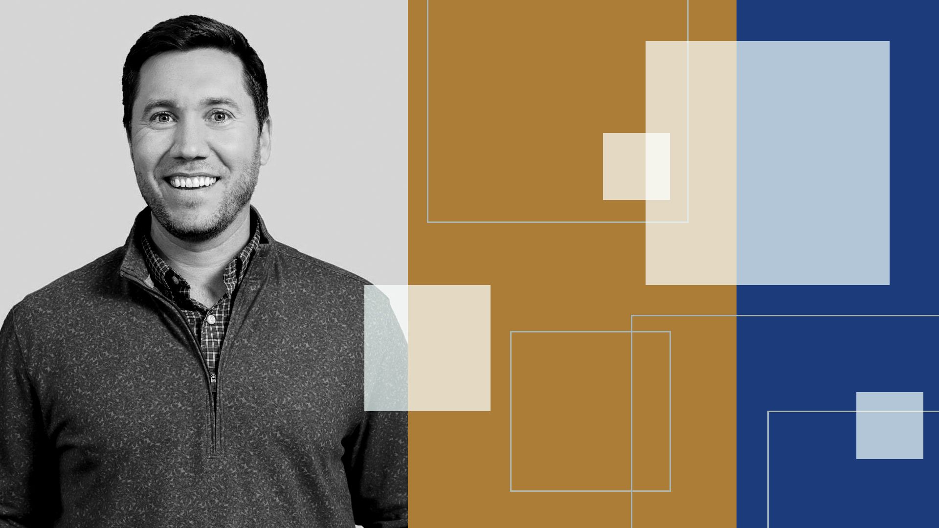 Photo illustration of Andrew Hedin surrounded by abstract shapes. 