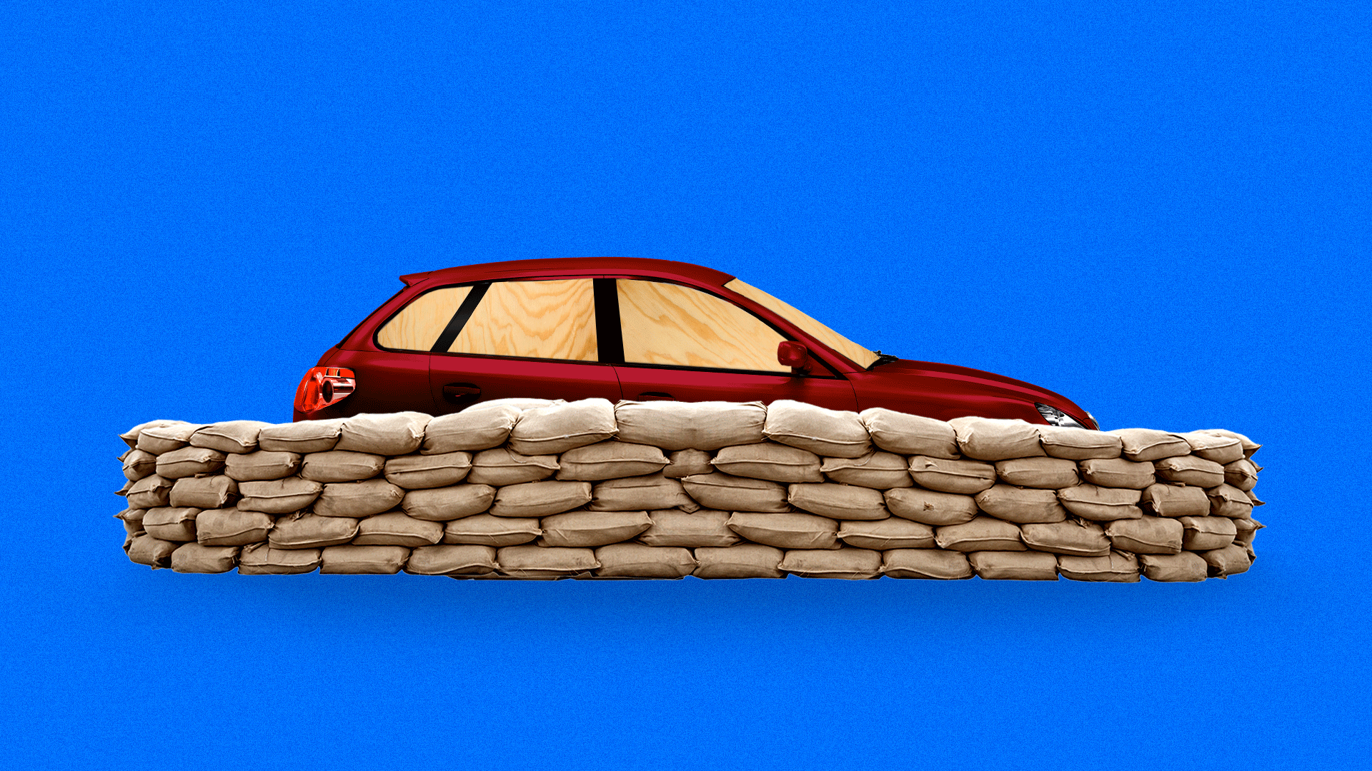 Illustration of a car behind sandbags with wood panels for windows. 