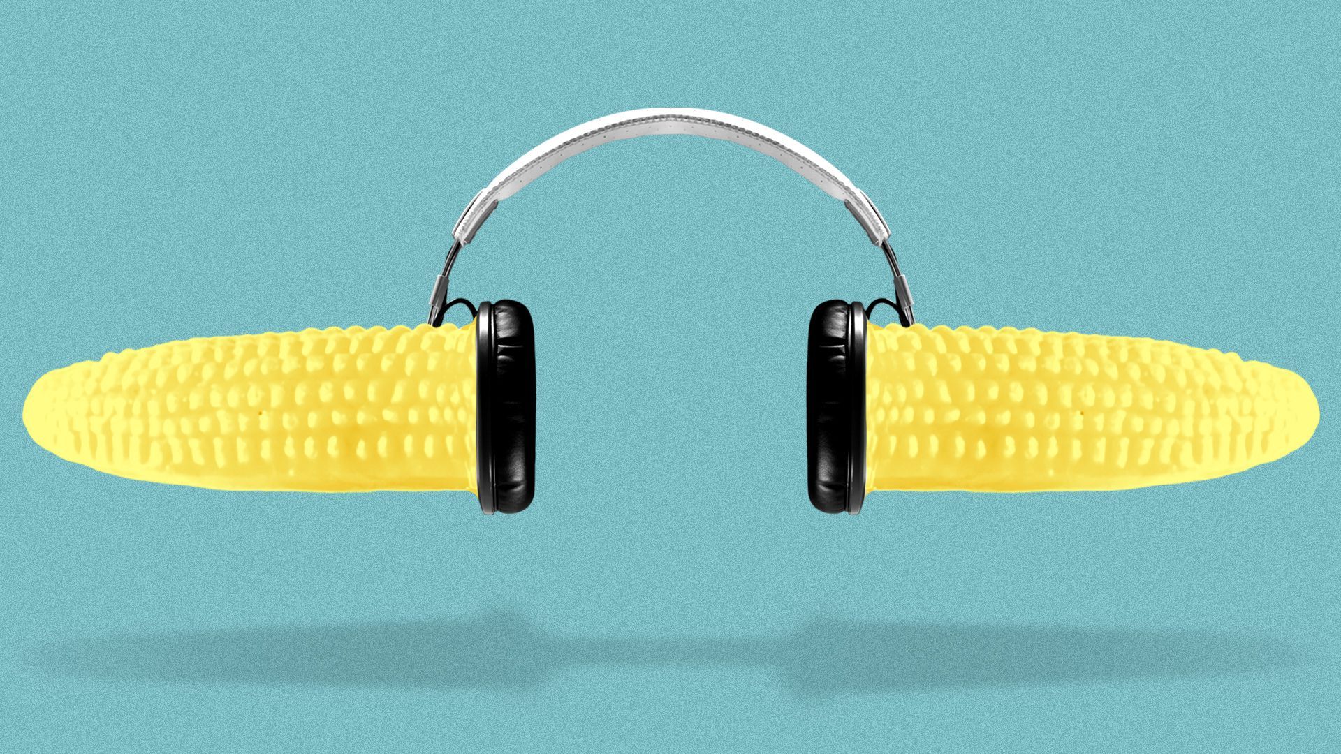 Illustration of a pair of headphones with plastic corn cob holders sticking out of them.