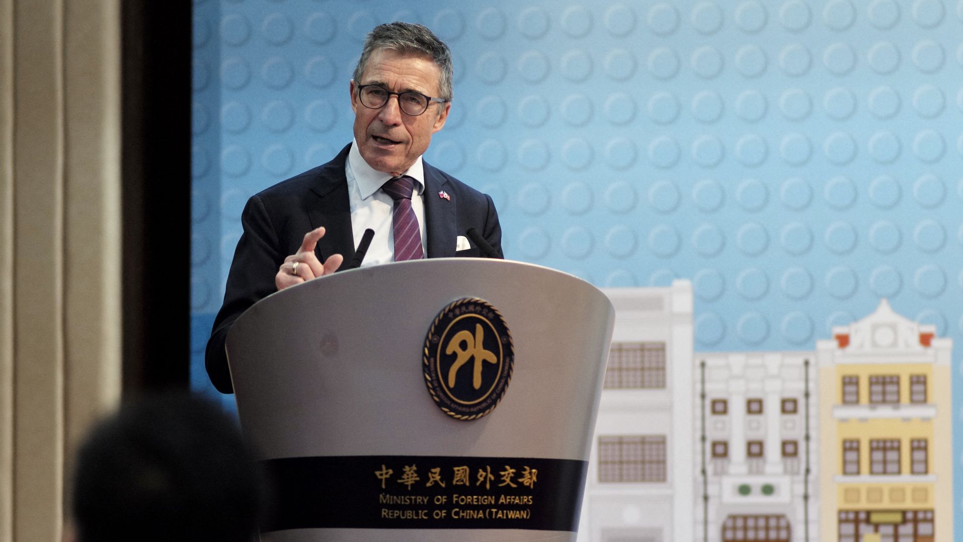 Former NATO chief Anders Fogh Rasmussen speaks during a press conference at the Ministry of Foreign Affairs (MOFA) in Taipei on January 5, 2023. 
