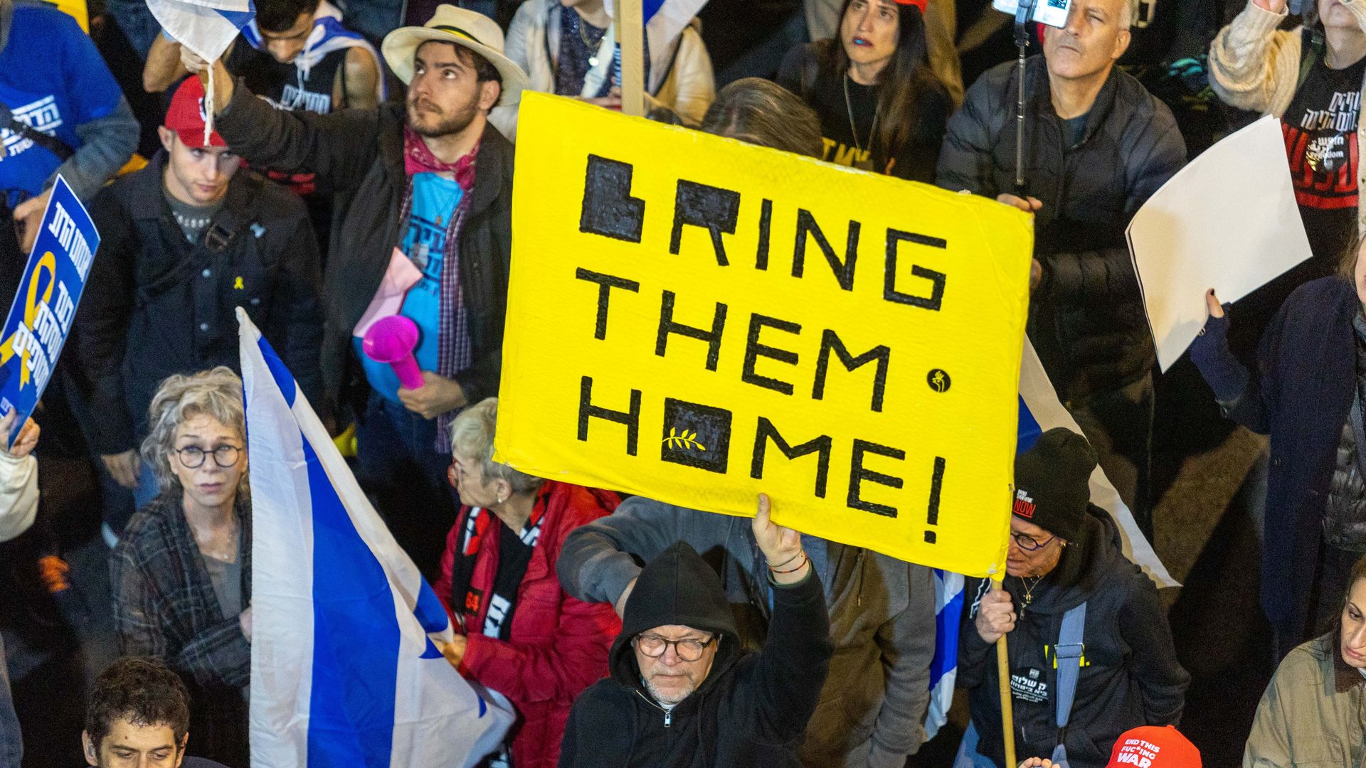 Hundreds of people gather in Israel demonstrated demanding the immediate return of hostages to their homes after the ceasefire came into effect, on January 18, 2025 in Tel Aviv, Israel.