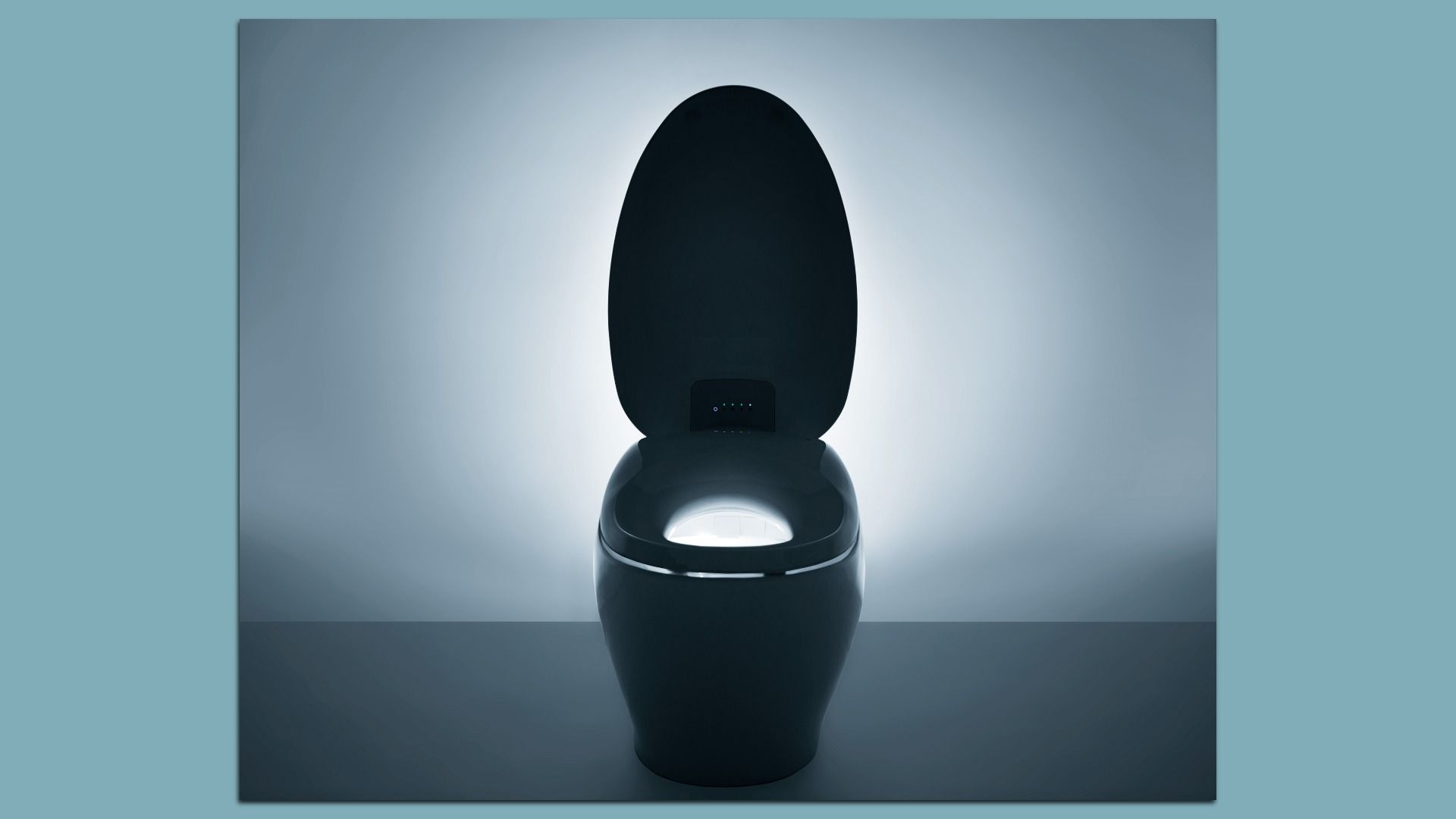 Modern toilet with the lid raised, a soft glow from the bowl lights the interior and creates a halo against a cool blue-gray backdrop.