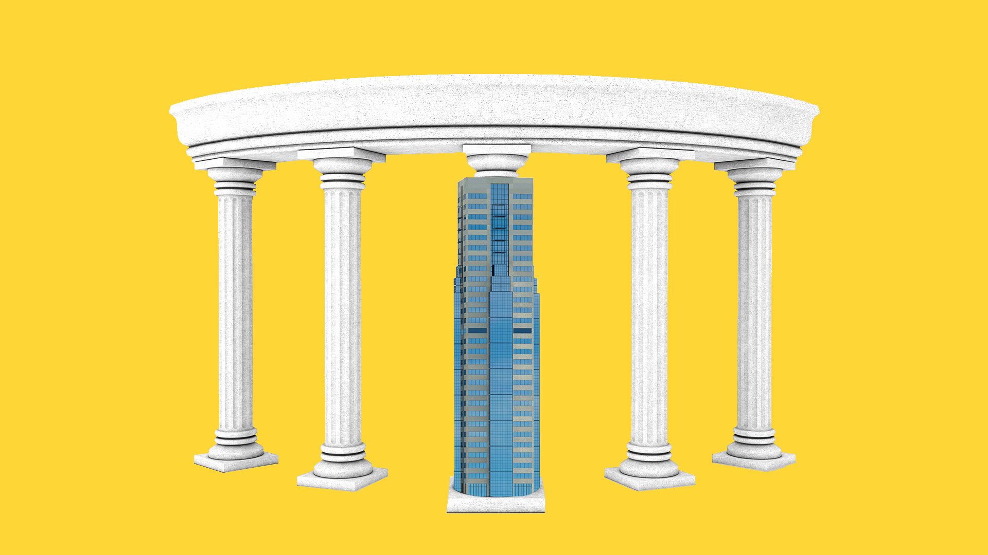 Illustration of a circle of columns with the center column replaced by a skyscraper