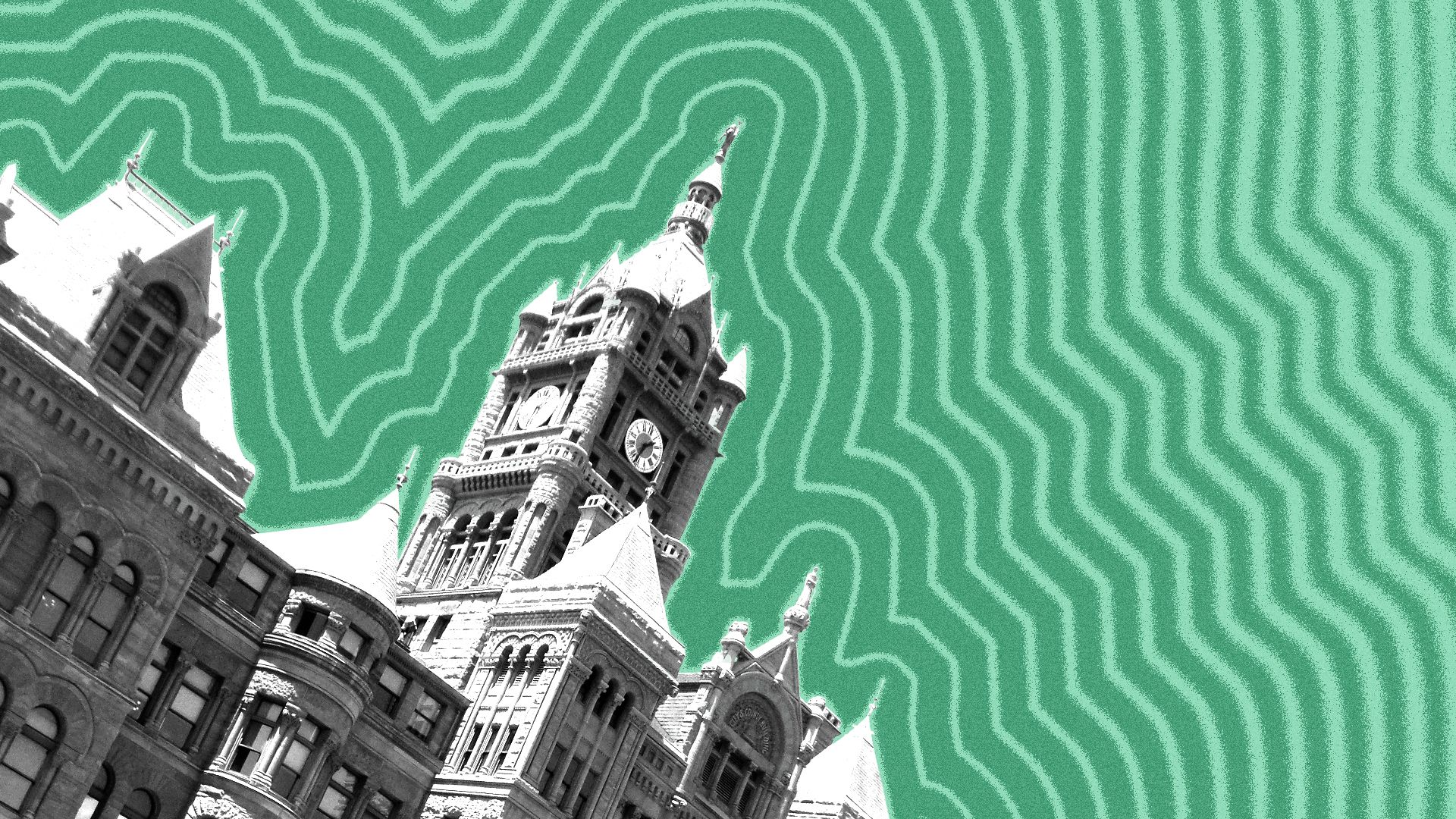 Photo illustration of the Salt Lake City and County building with lines radiating from it.