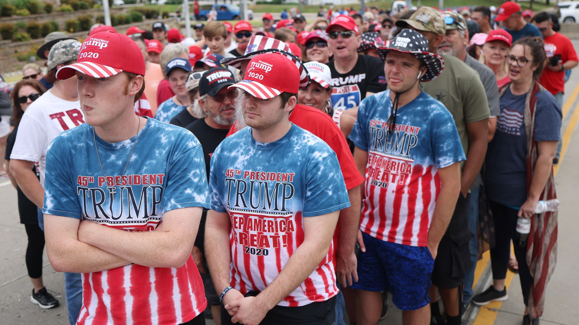 A crowd of Trump supporters before the Tulsa rally. No one in sight is wearing a mask