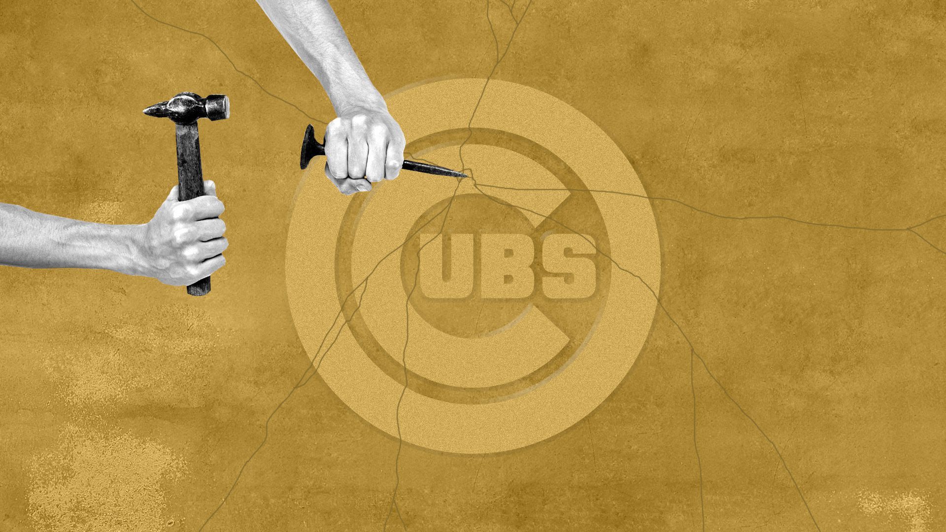 Illustration of a hand breaking apart a Cubs logo