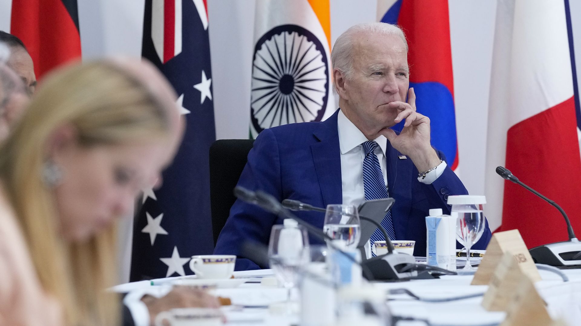 U.S. President Joe Biden listens as G7 leaders participate in an event on global infrastructure and investment during the G7 Summit on May 20, 2023 in Hiroshima, Japan.
