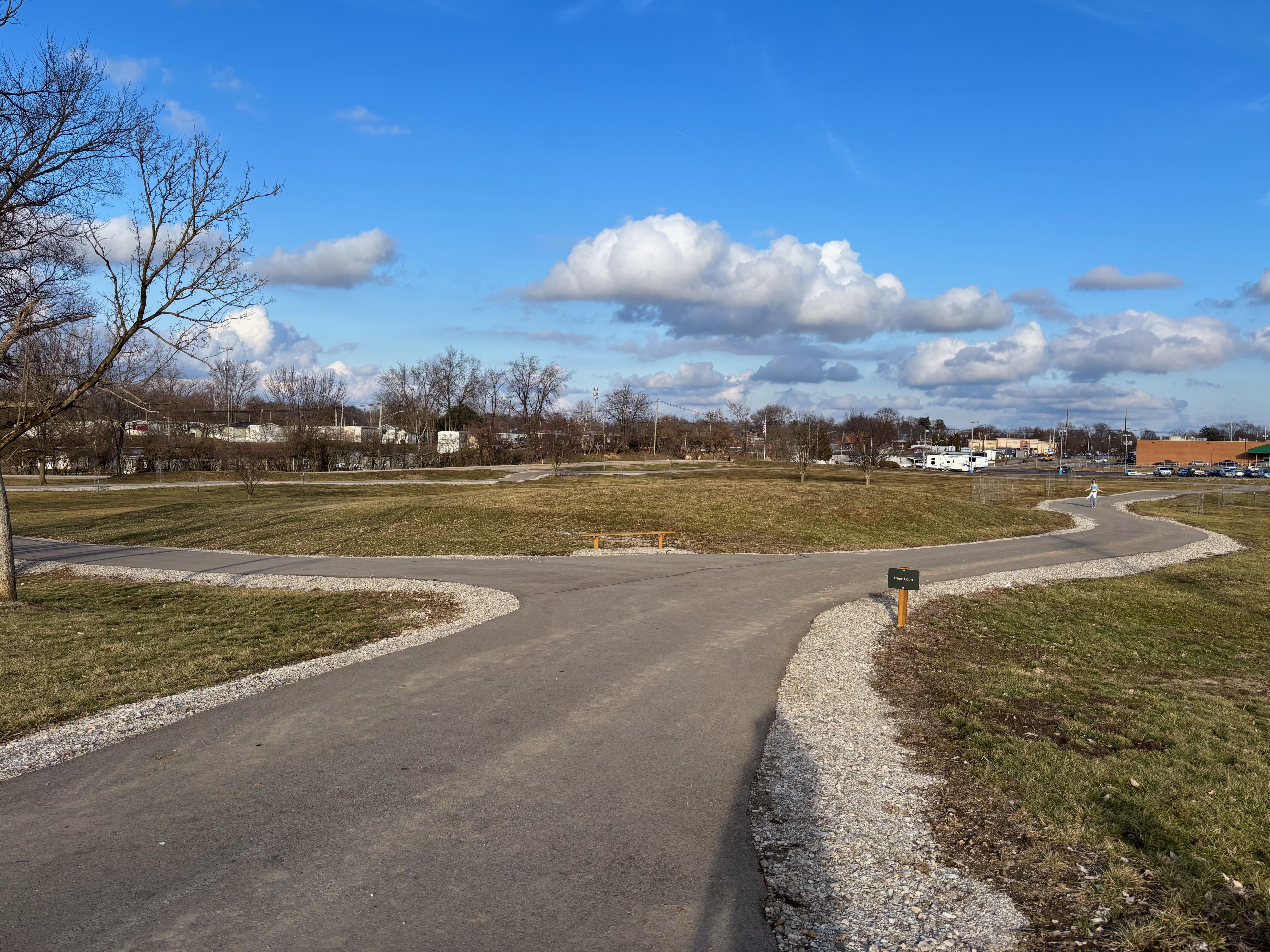 Forked paved paths in a grassy park area under a blue sky with scattered white clouds. Leafless trees and distant buildings are visible in the background.