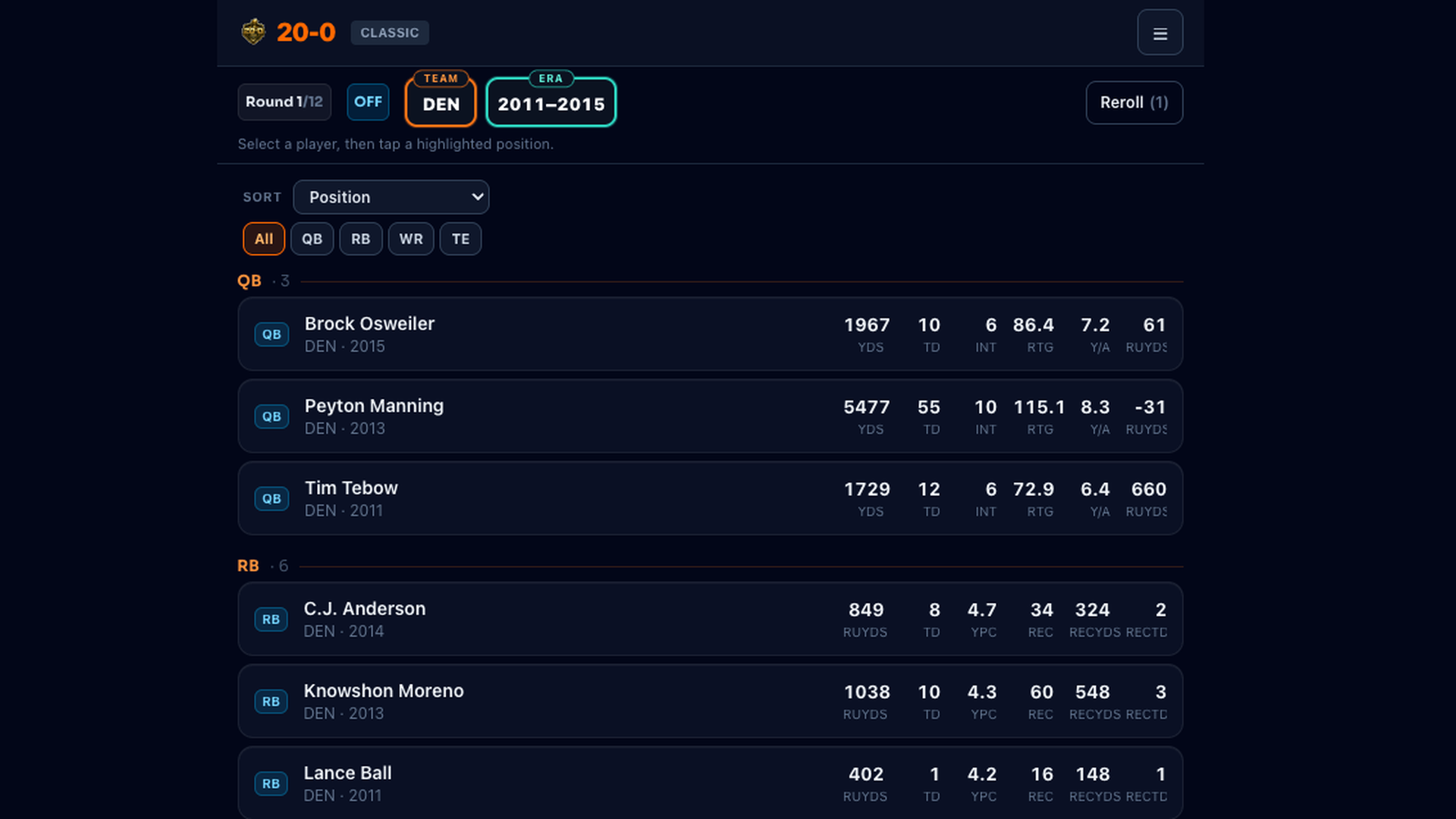 Dark blue stats page listing Broncos players by position (QB and RB): Brock Osweiler, Manning, Tebow, Anderson, Moreno, Ball, Hillman, McGahee with yards, TDs, and more; top filters show "20-0 Classic".