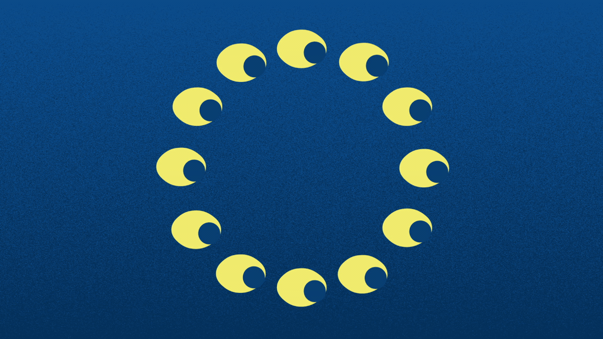 Illustration of eyes in the pattern of the EU flag looking around and turning into cubes.
