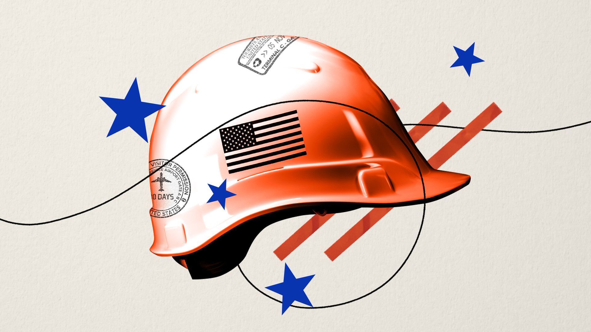 Illustrated collage of a hard hat with an American flag and travel stamps surrounded by stars and stripes. 