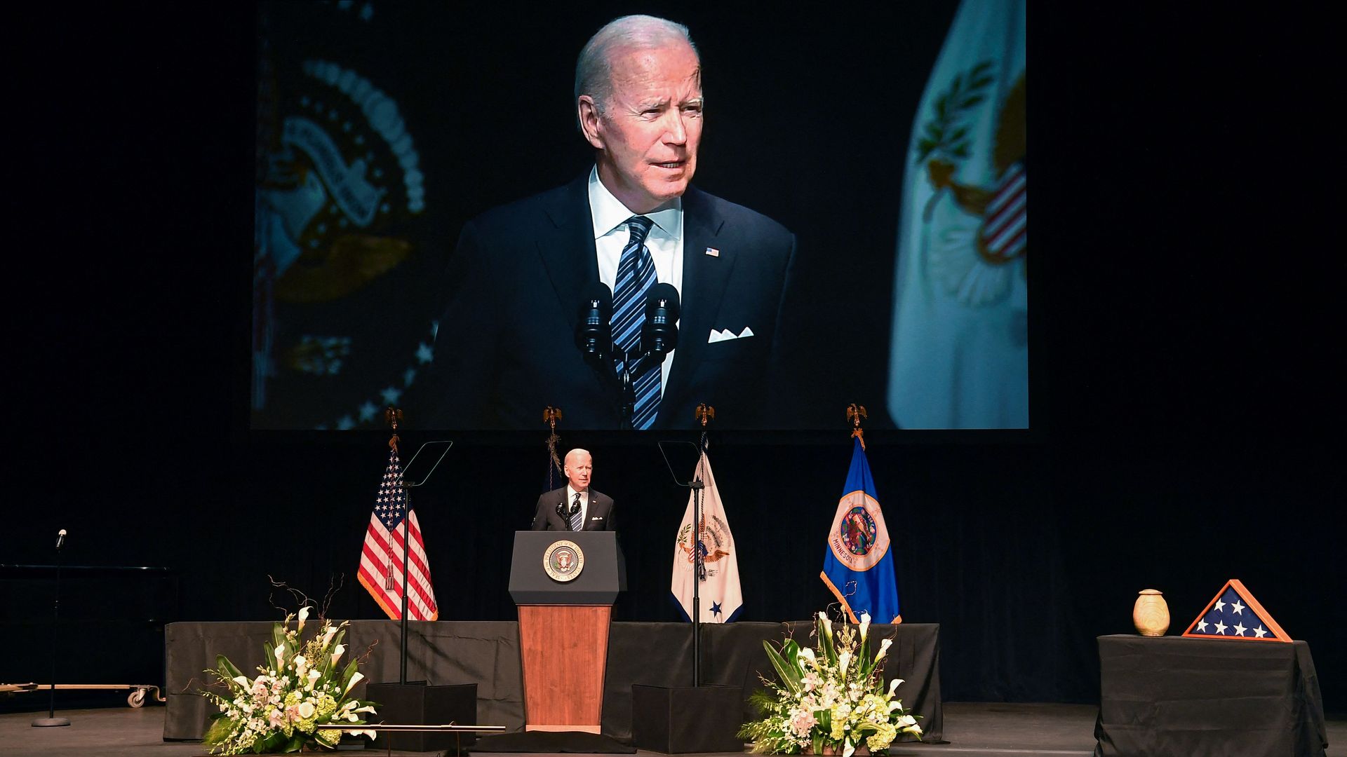 President Biden is seen speaking at the memorial service for former Vice President Walter Mondale.