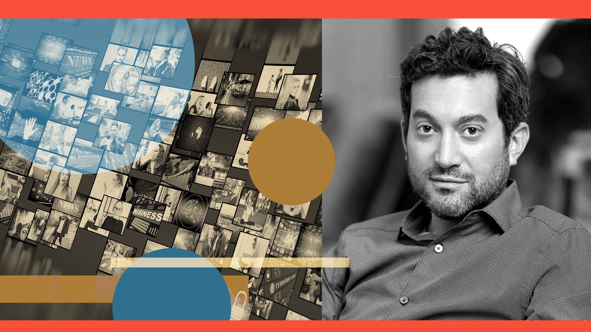 Photo illustration of Jon Oringer, founder of Shutterstock, with an image depicting photos and content surrounded by abstract shapes.