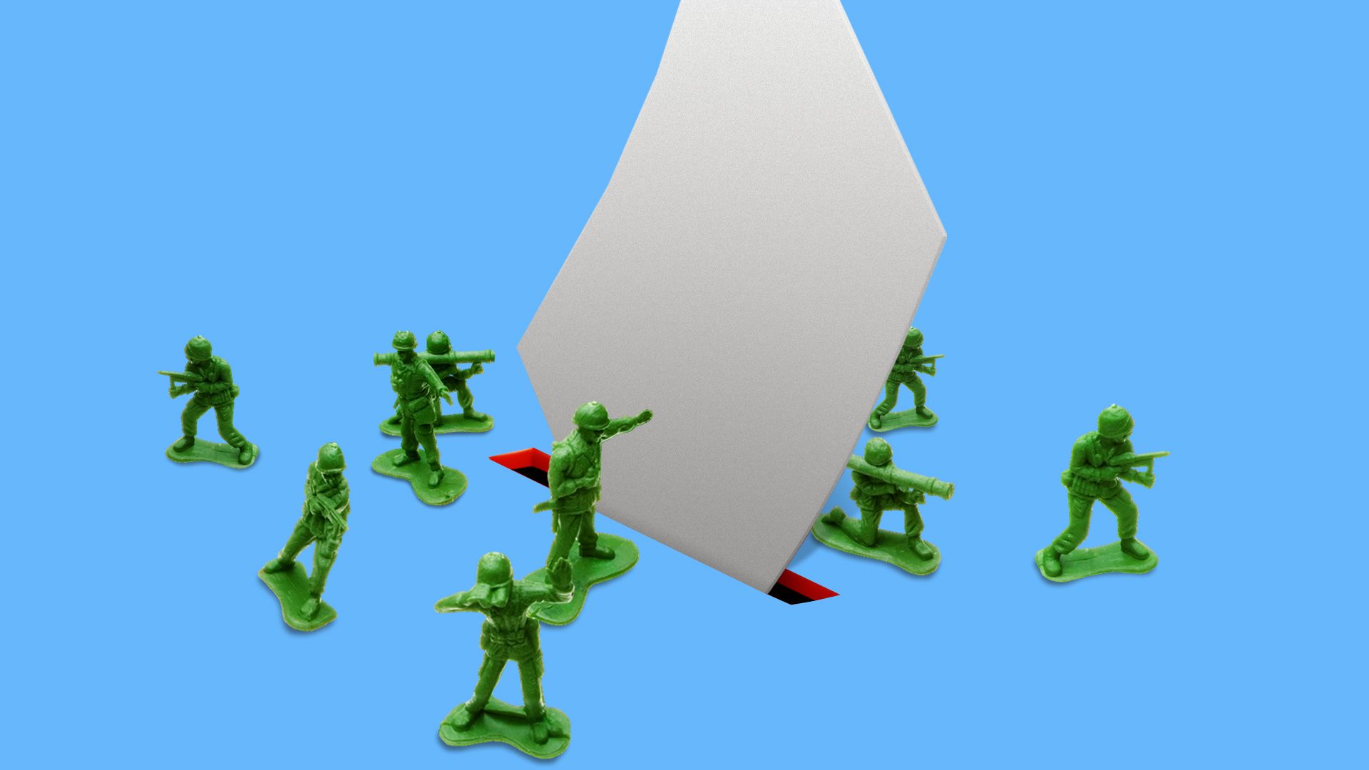 Illustration of green army figurines surrounding a paper ballot going into a red election slot over a blue background.