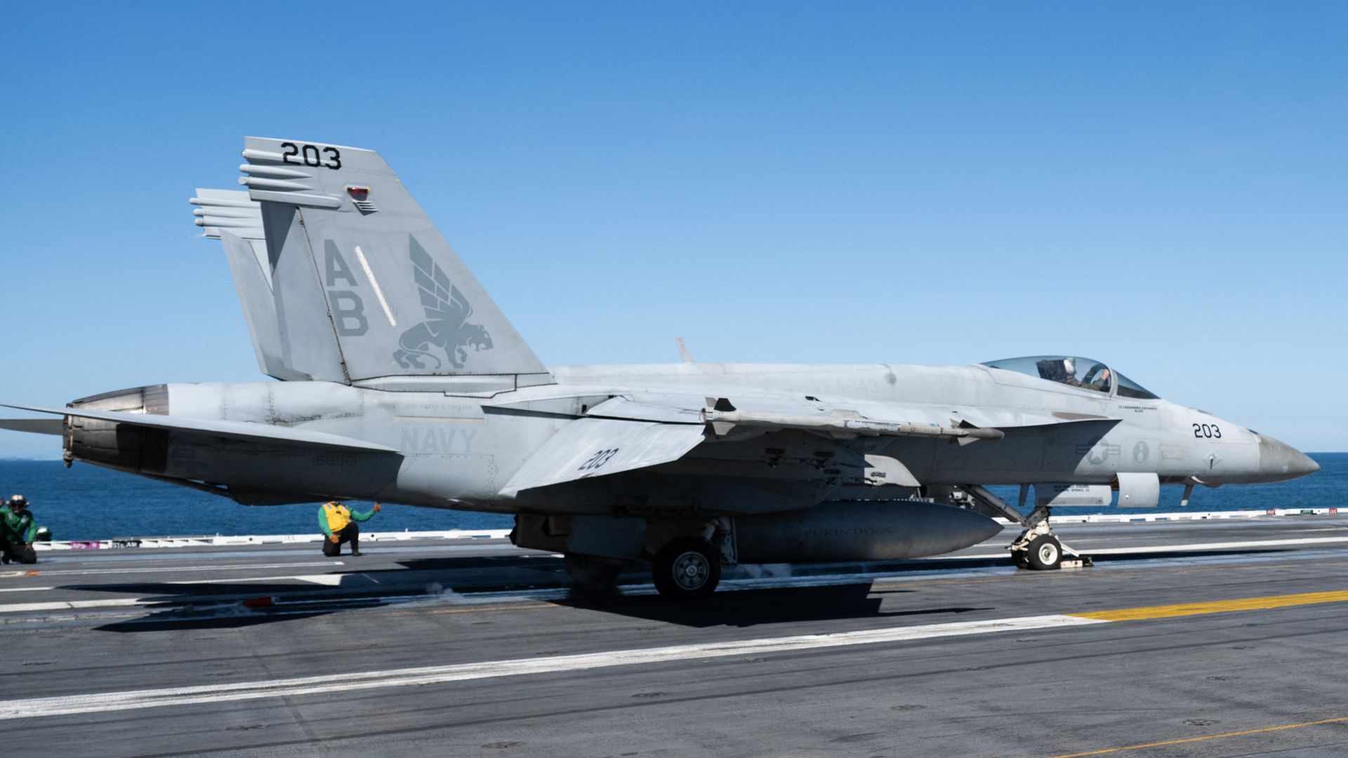 A US Navy FA-18 taking off at the USS George H.W. Bush aircraft carrier in Norfolk, Virginia, earlier this month. 