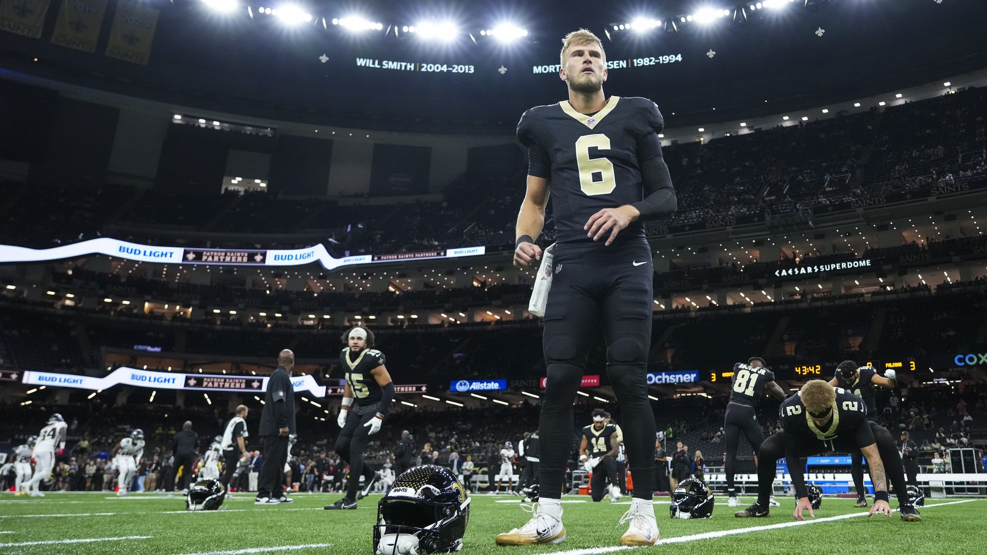 Tyler Shough #6 of the New Orleans Saints warms up prior to an NFL football game against the Atlanta Falcons at Caesars Superdome.
