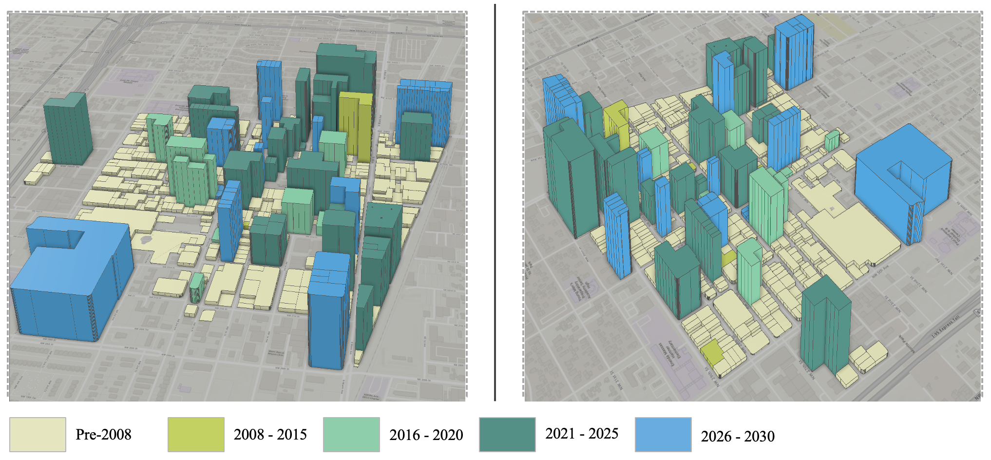 Two 3D city maps showing buildings by construction year: beige (Pre-2008), lime green (2008-2015), light green (2016-2020), teal (2021-2025), and blue (2026-2030).