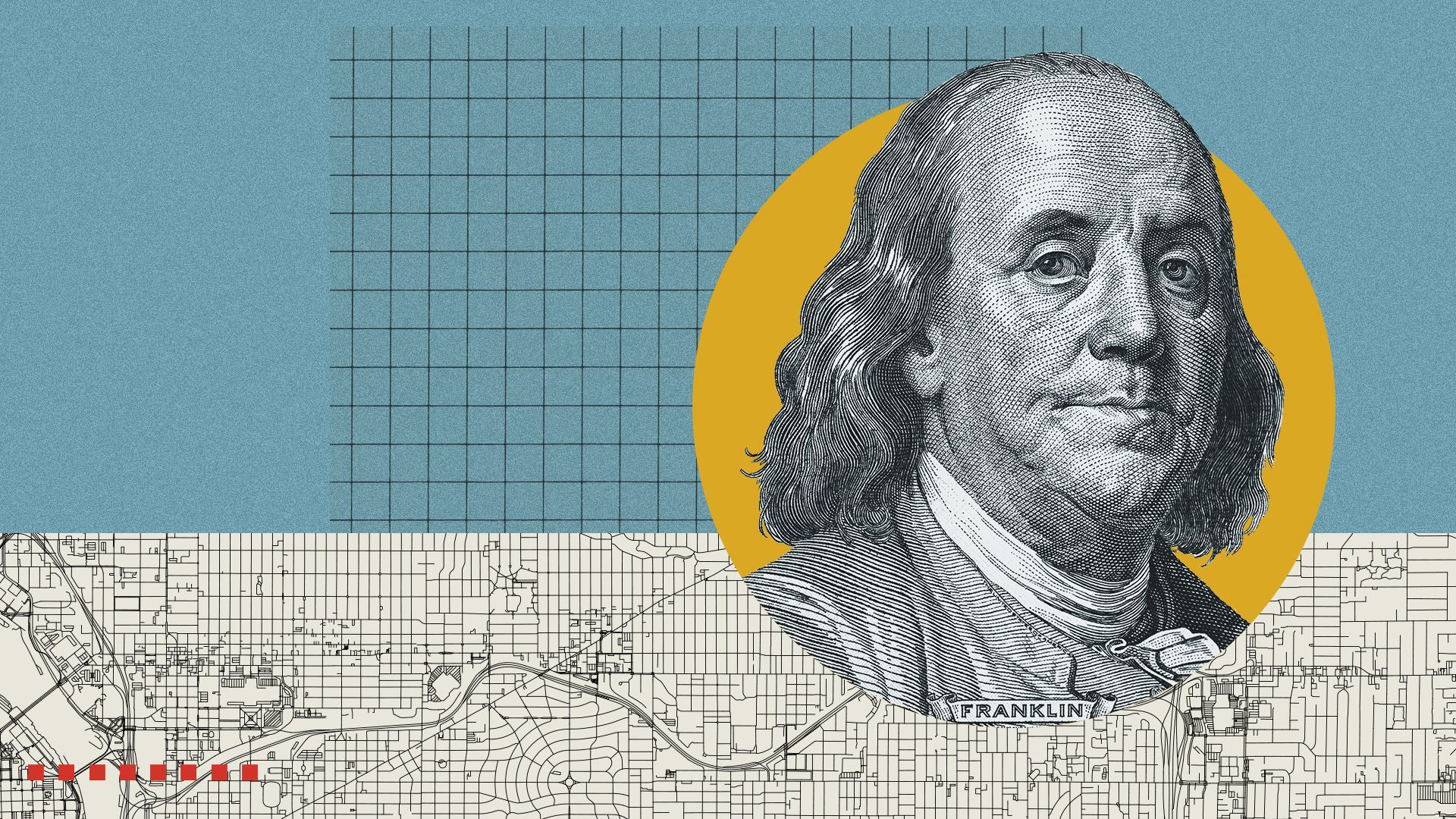 Photo illustration of Benjamin Franklin inside a circle with a grid and the map of Portland in the background.