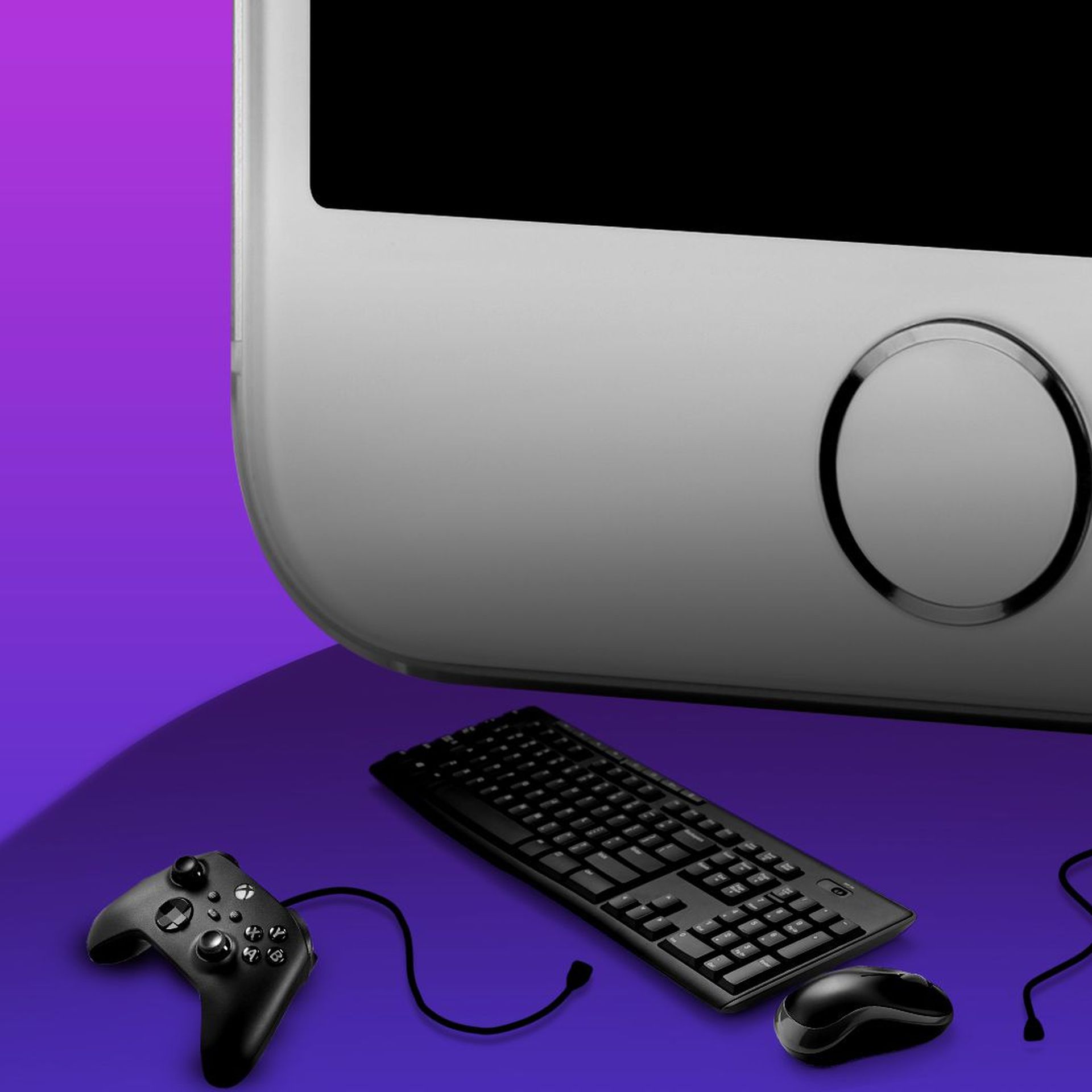 Illustration of a giant mobile phone casting a shadow over gaming controllers and a mouse and keyboard.