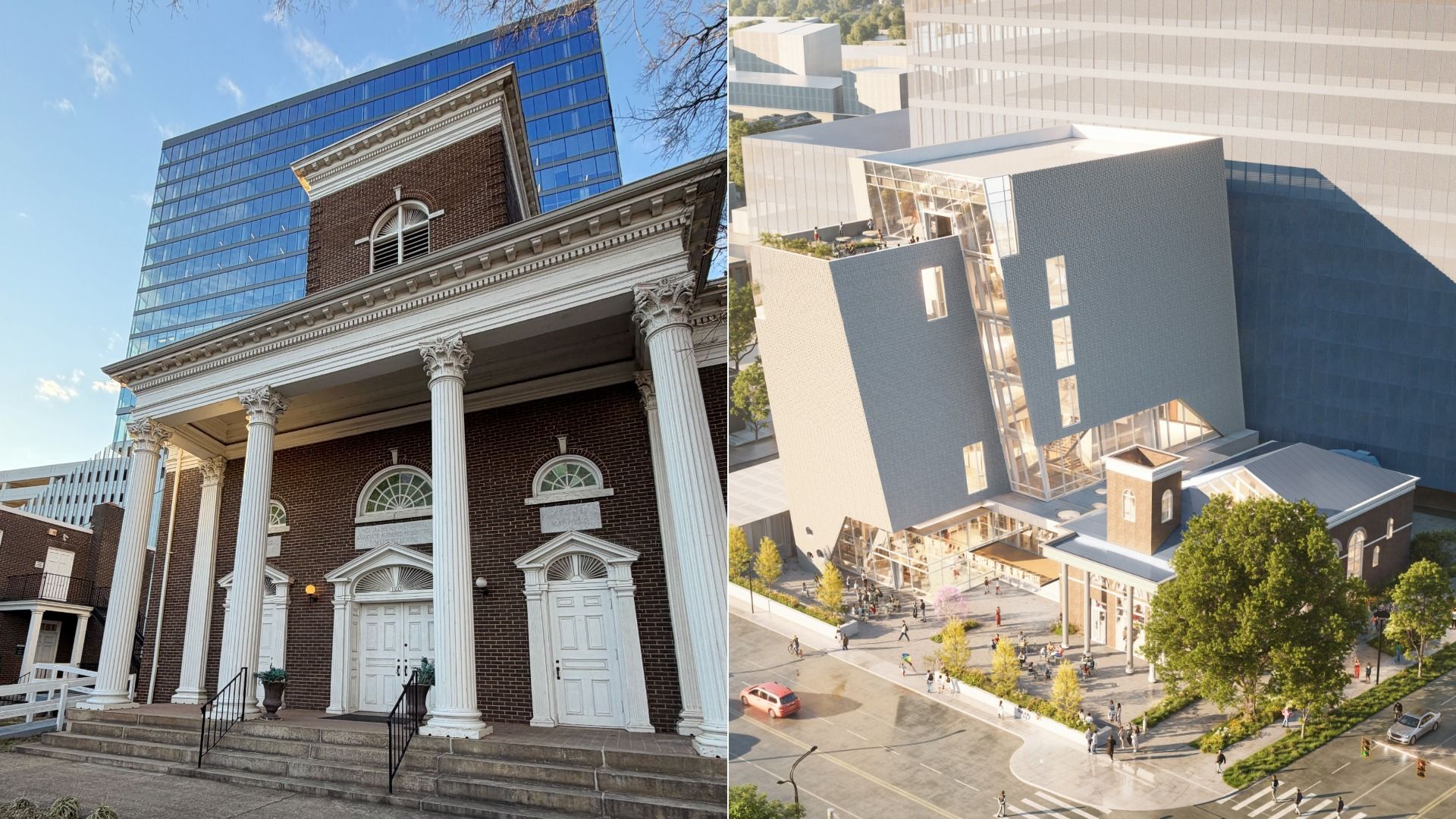Side-by-side images showing an old brick building with white columns beside a modern architectural rendering of the same building integrated into a new, large angular structure with glass and people.