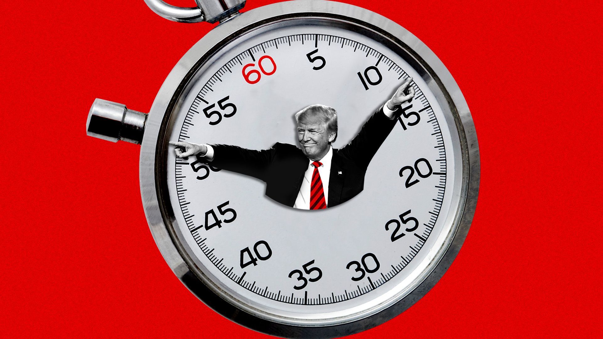 Illustration of Donald Trump in the center of a stopwatch pointing at the numbers