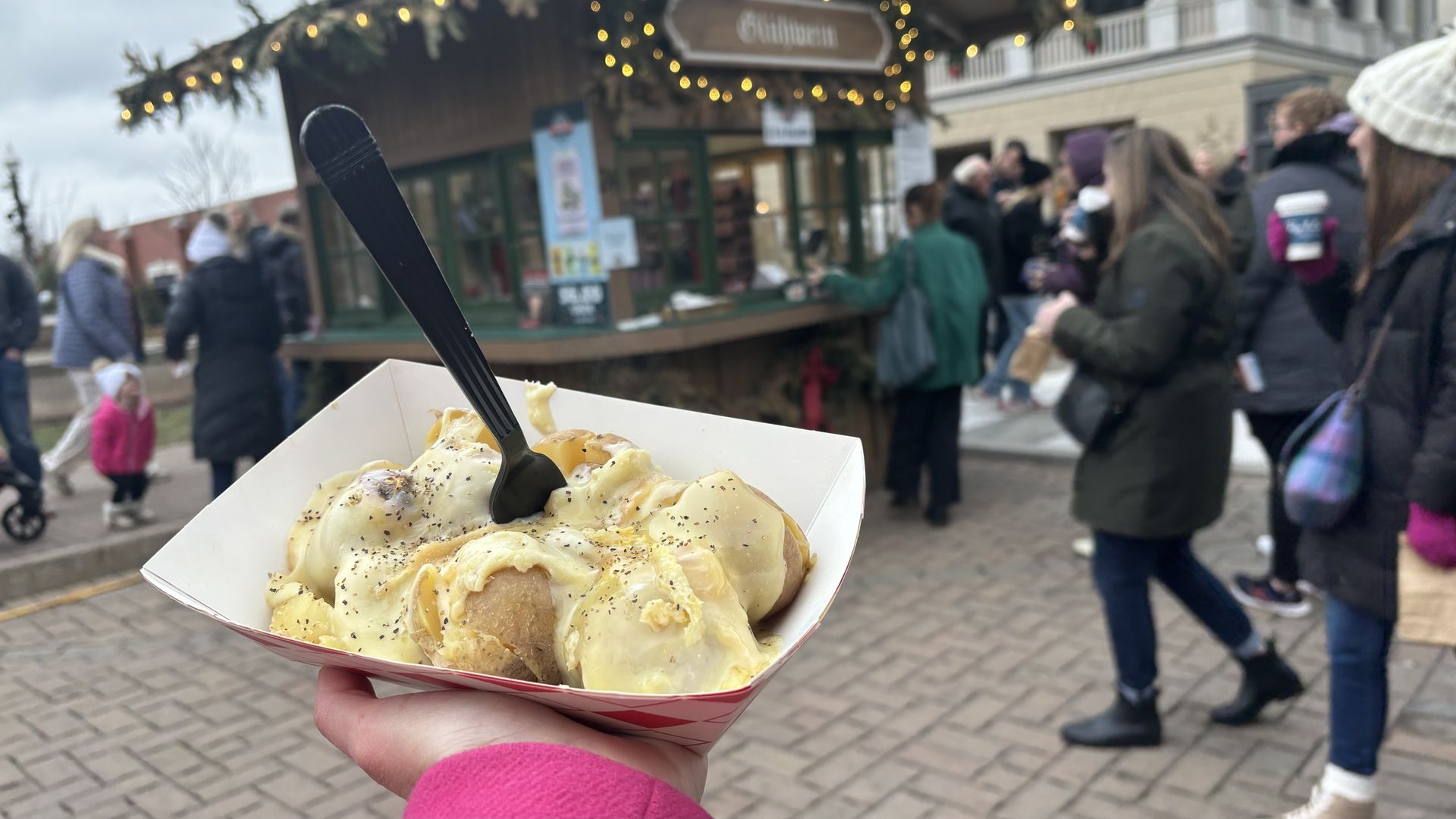 A hand holding a boat of potatoes covered in melted cheese 