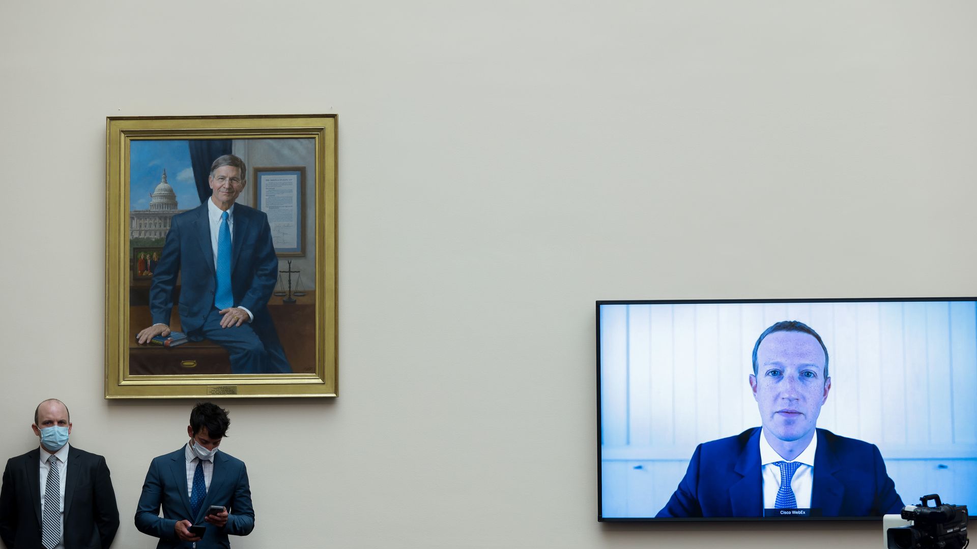 A photo of Facebook CEO Mark Zuckerberg testifying in Congress via videoconference