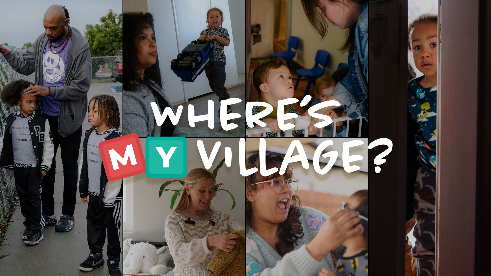 A collage of young children and parents with "Where's my village" written over the images.