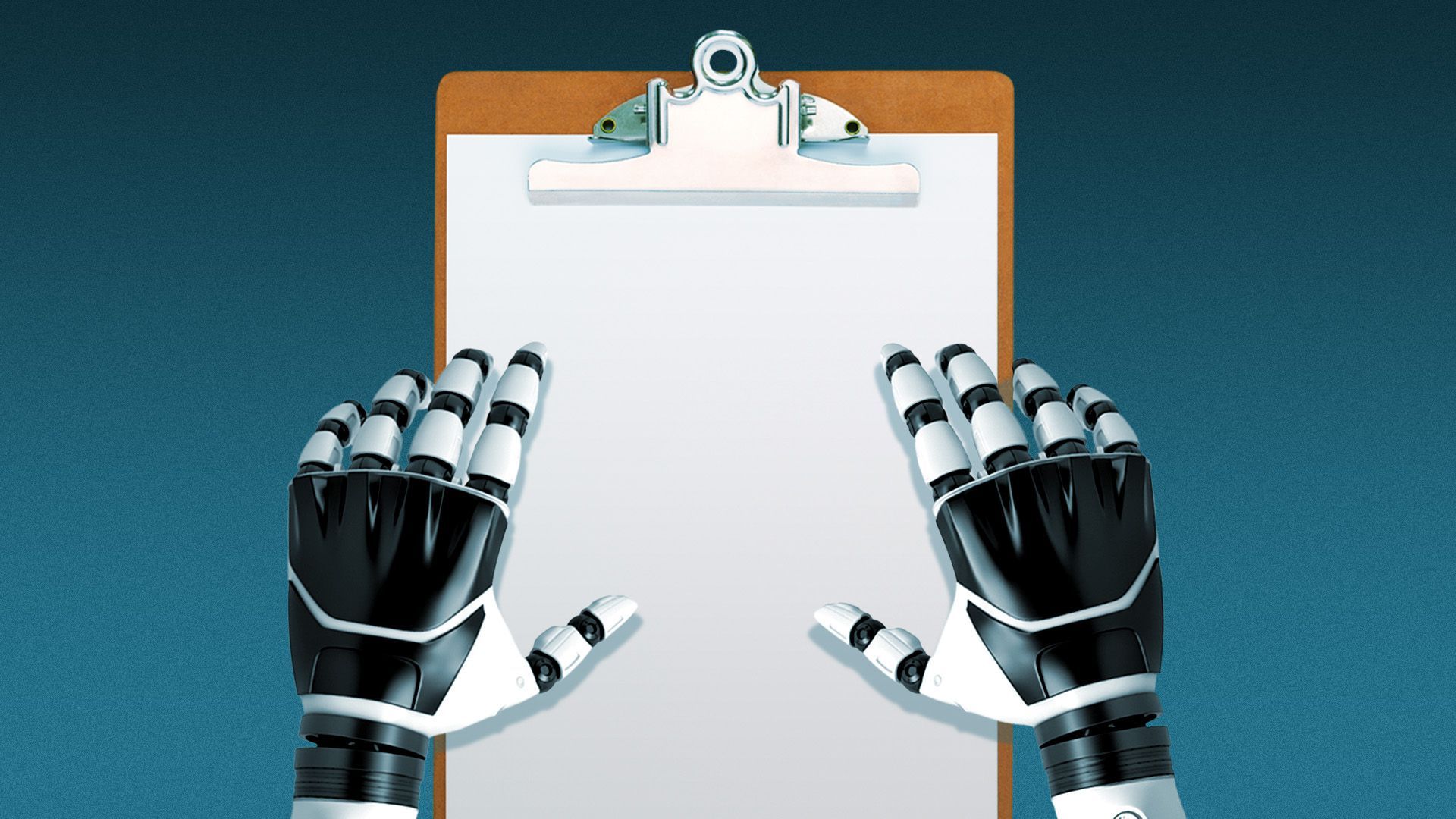 Illustration of robot hands holding a clipboard.