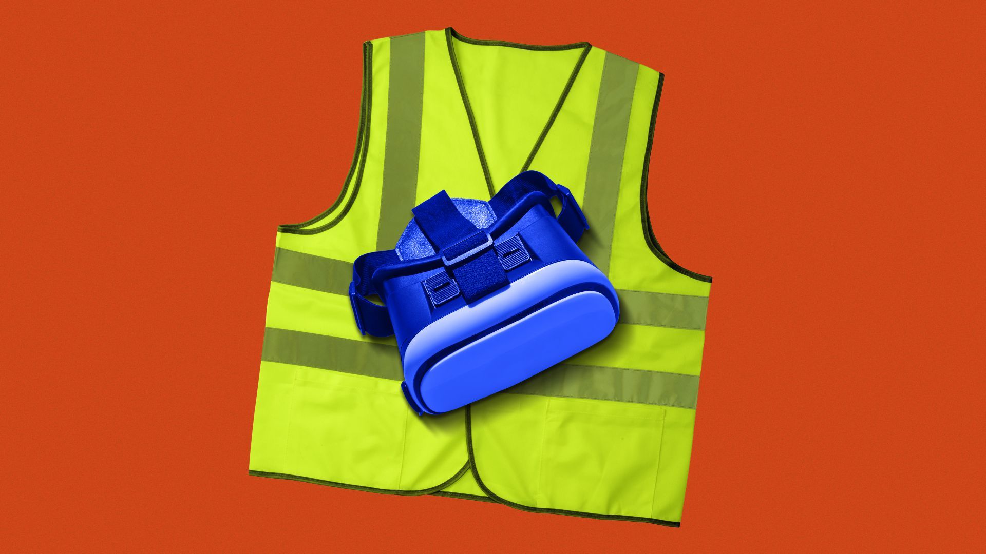 Illustration of a yellow reflective vest and a blue VR headset on top.