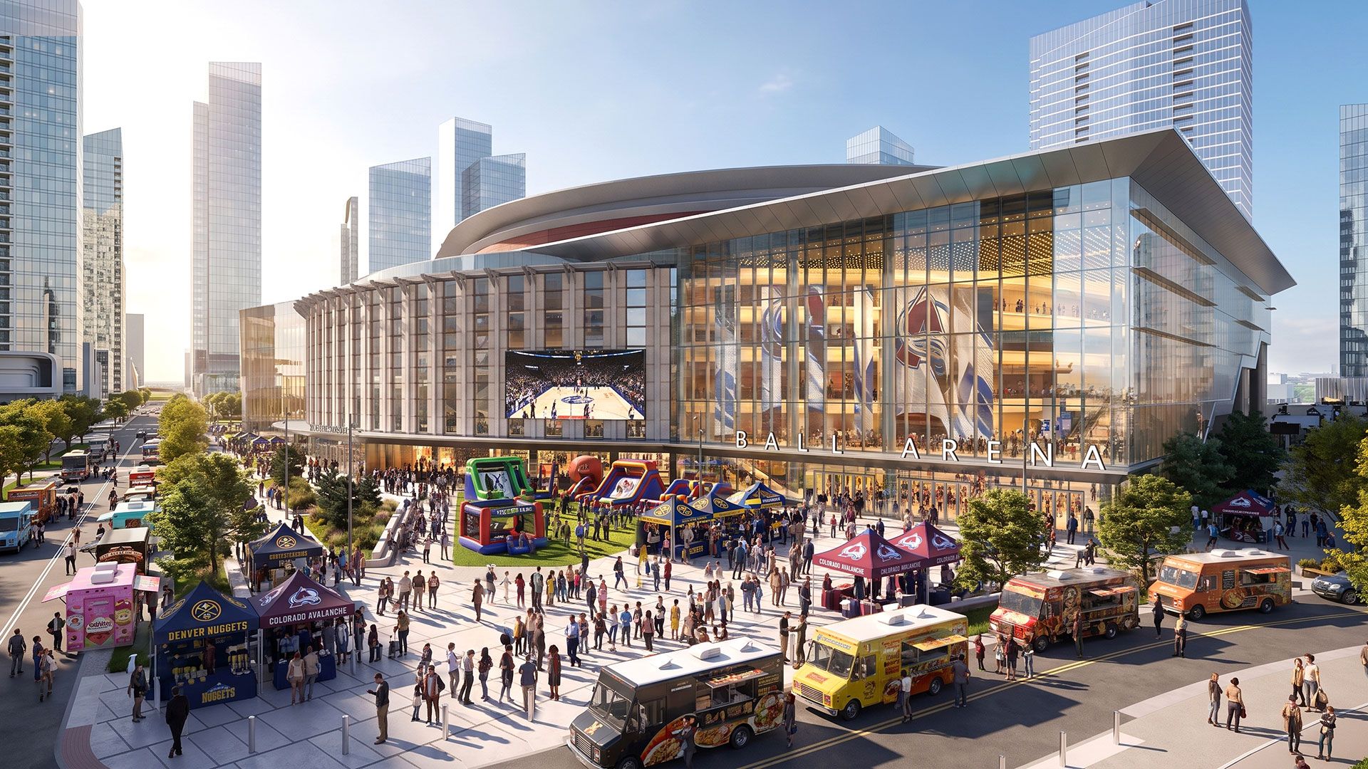 Futuristic glass arena with a roof labeled "Ball Arena" towers over a busy plaza. Food trucks, tents, and a large outdoor screen show a basketball game, with glass skyscrapers in the background.