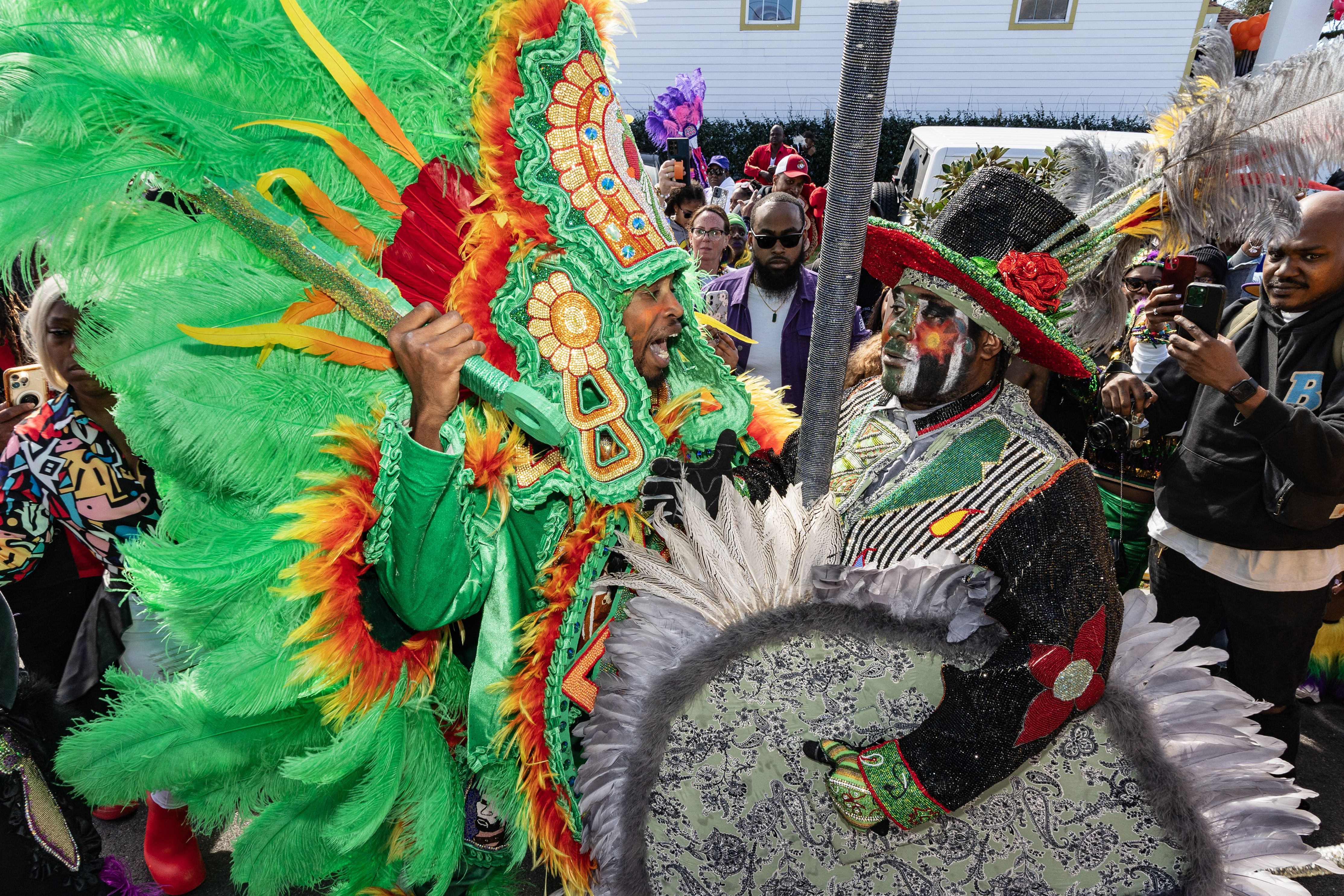 Photo shows a Mardi Gras Indian in a colorful feathered suit