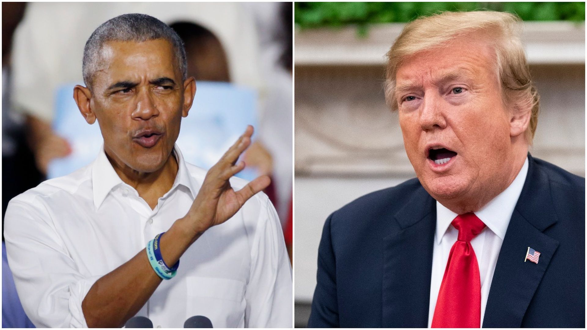 A split screen of former President Obama and President Trump, who are both speaking. 