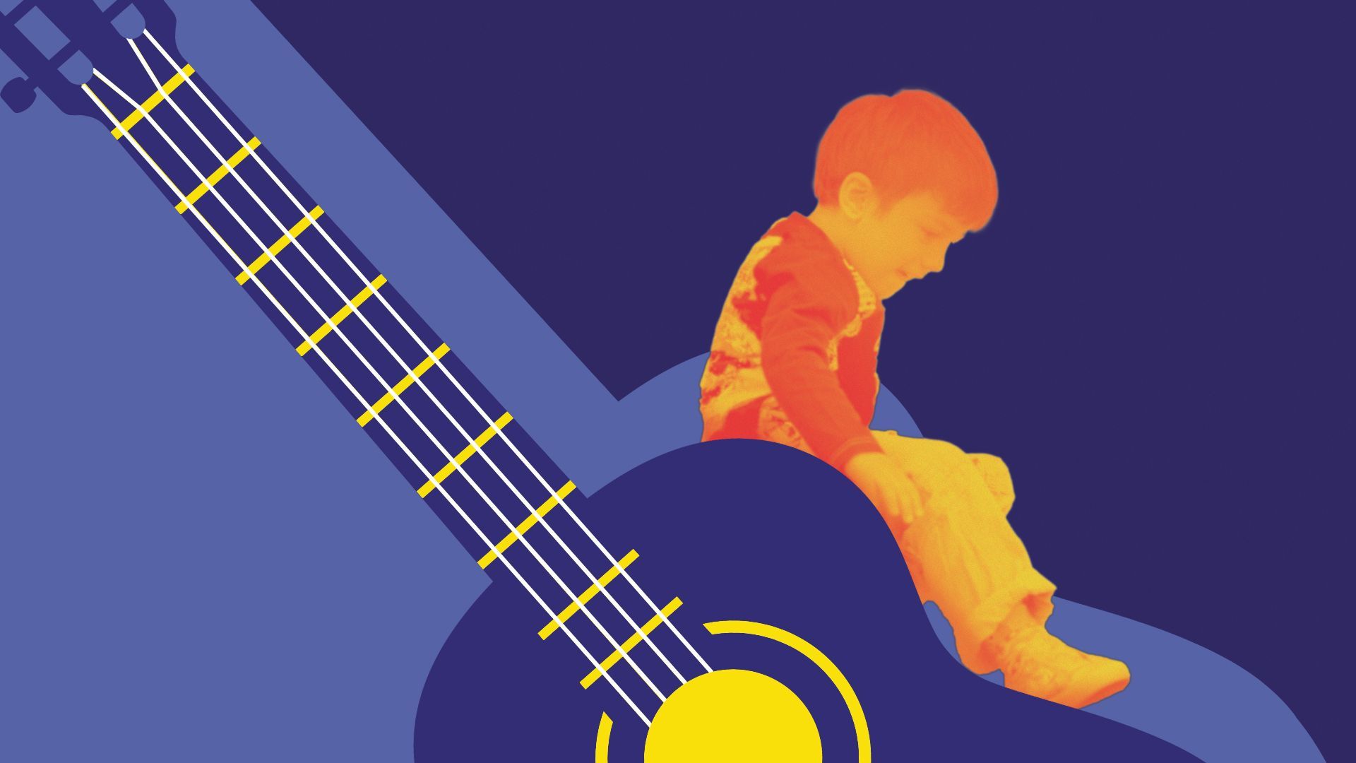 Illustration of a child sliding down the side of a guitar.