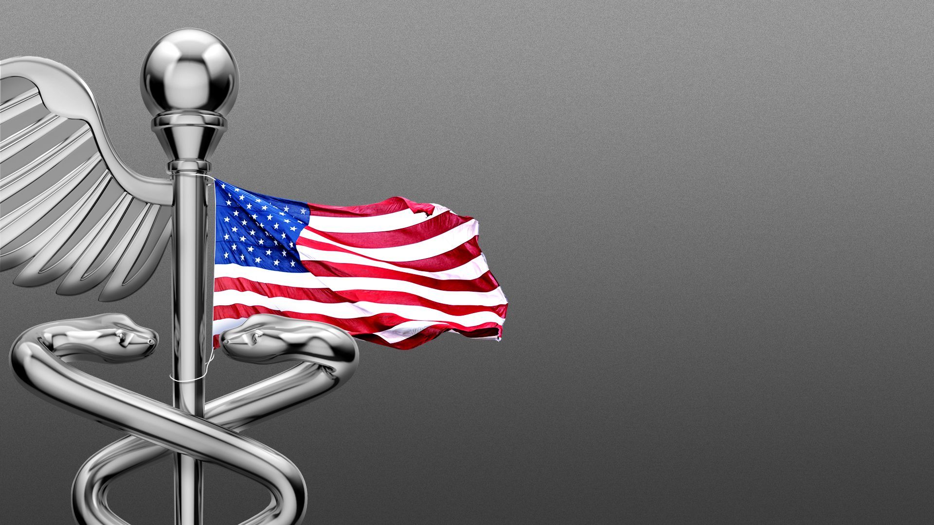 Illustration of a caduceus with an American flag in place of one wing