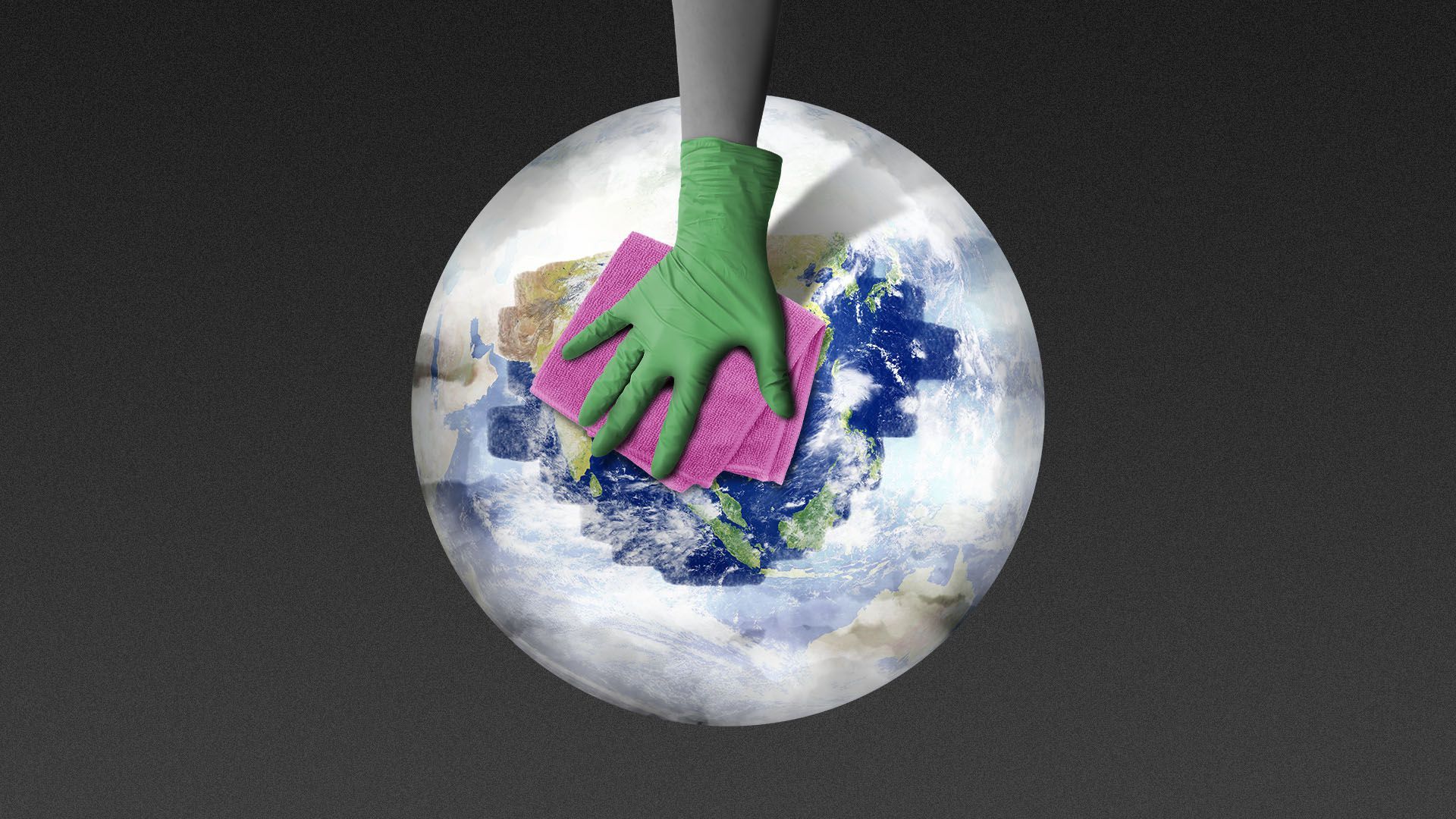 Illustration of a hand with a medical glove wiping a clear spot on a foggy earth