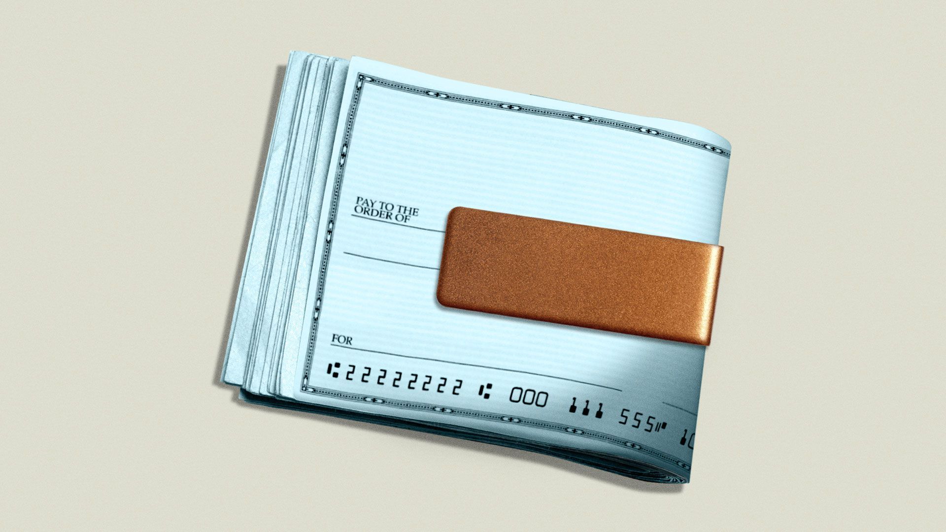 Illustration of a money clip full of checks.