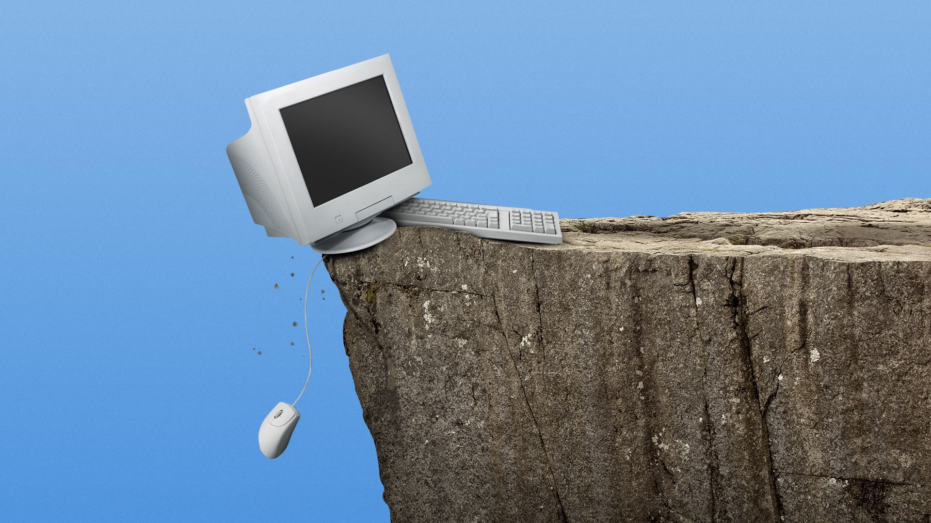 Illustration of a computer leaning over the edge of a cliff with a mouse dangling by its wire. 