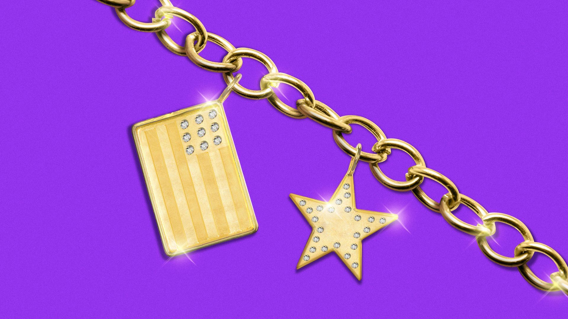 Illustration of charm bracelet with the Chinese star and American flag as diamond encrusted charms. 