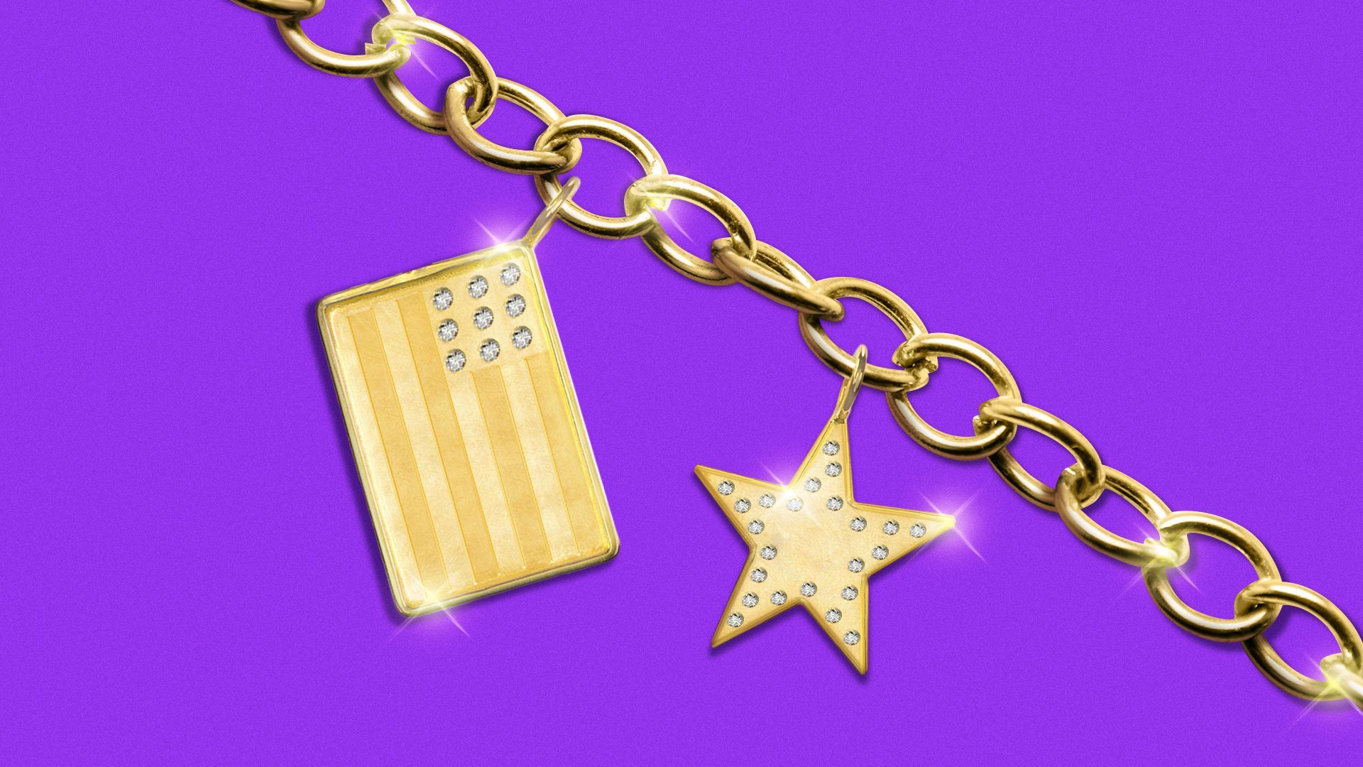 Illustration of charm bracelet with the Chinese star and American flag as diamond encrusted charms.