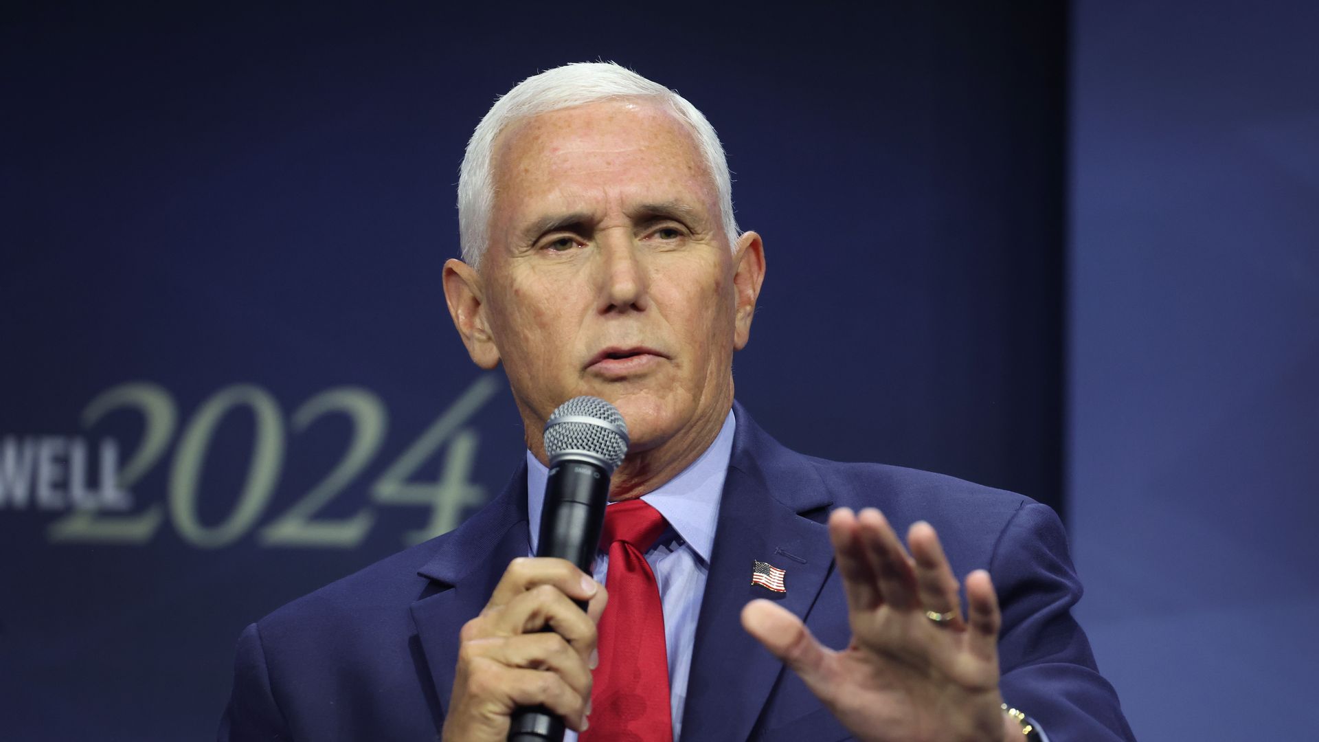 Republican presidential candidate, former Vice President Mike Pence speaks to guests at the Family Leadership Summit on July 14, 2023 in Des Moines, Iowa.