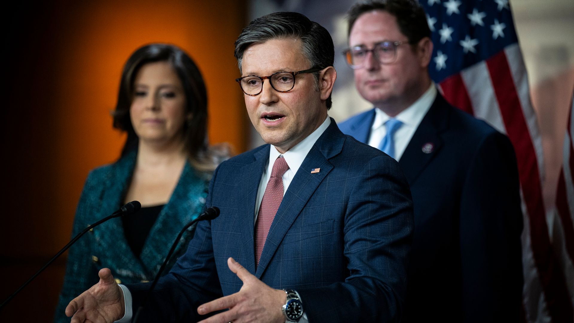 US House Speaker Mike Johnson, a Republican from Louisiana, center, during a news conference at the US Capitol 